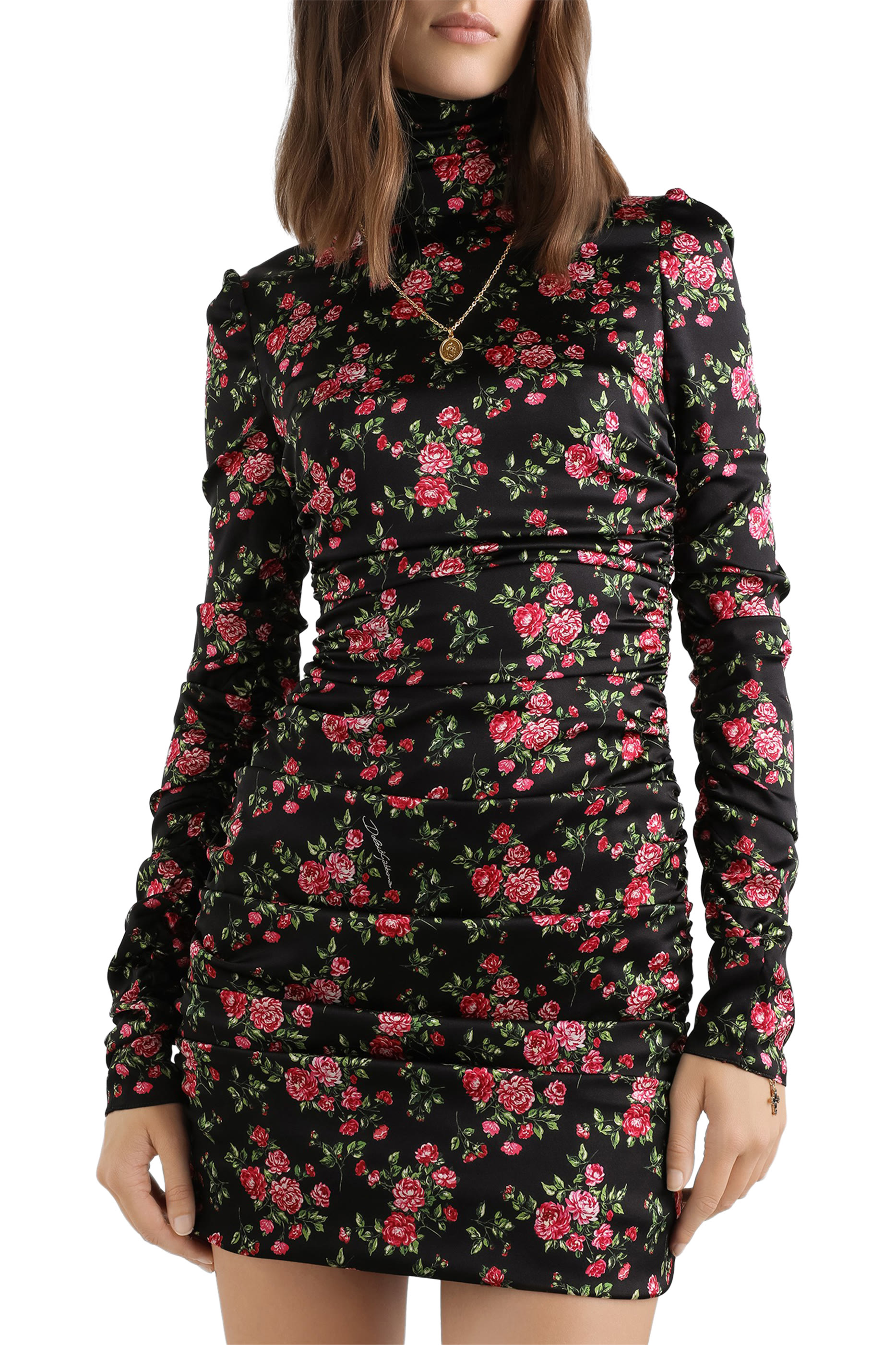 Small Rose Bouquets-Print Long Satin Dress