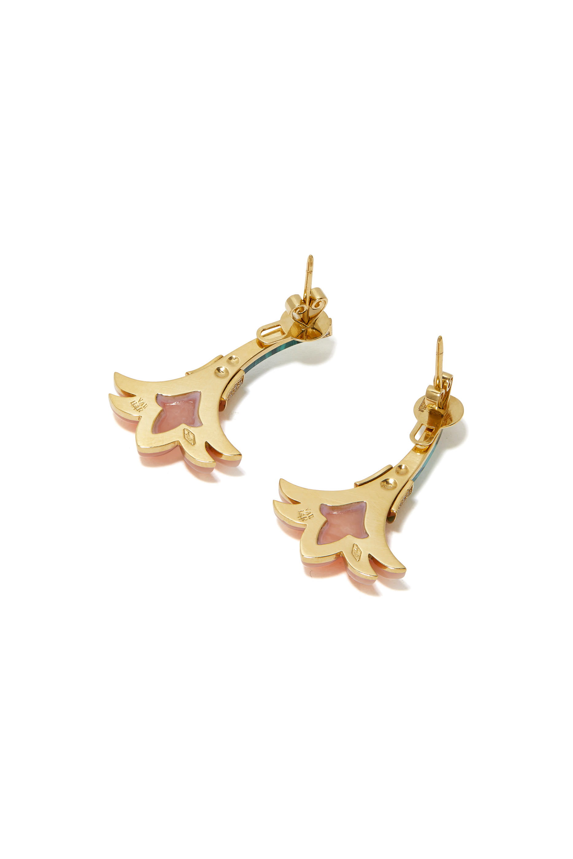 Big Flower Earrings, 18k Yellow Gold with Diamonds, Malachite & Pink Coral