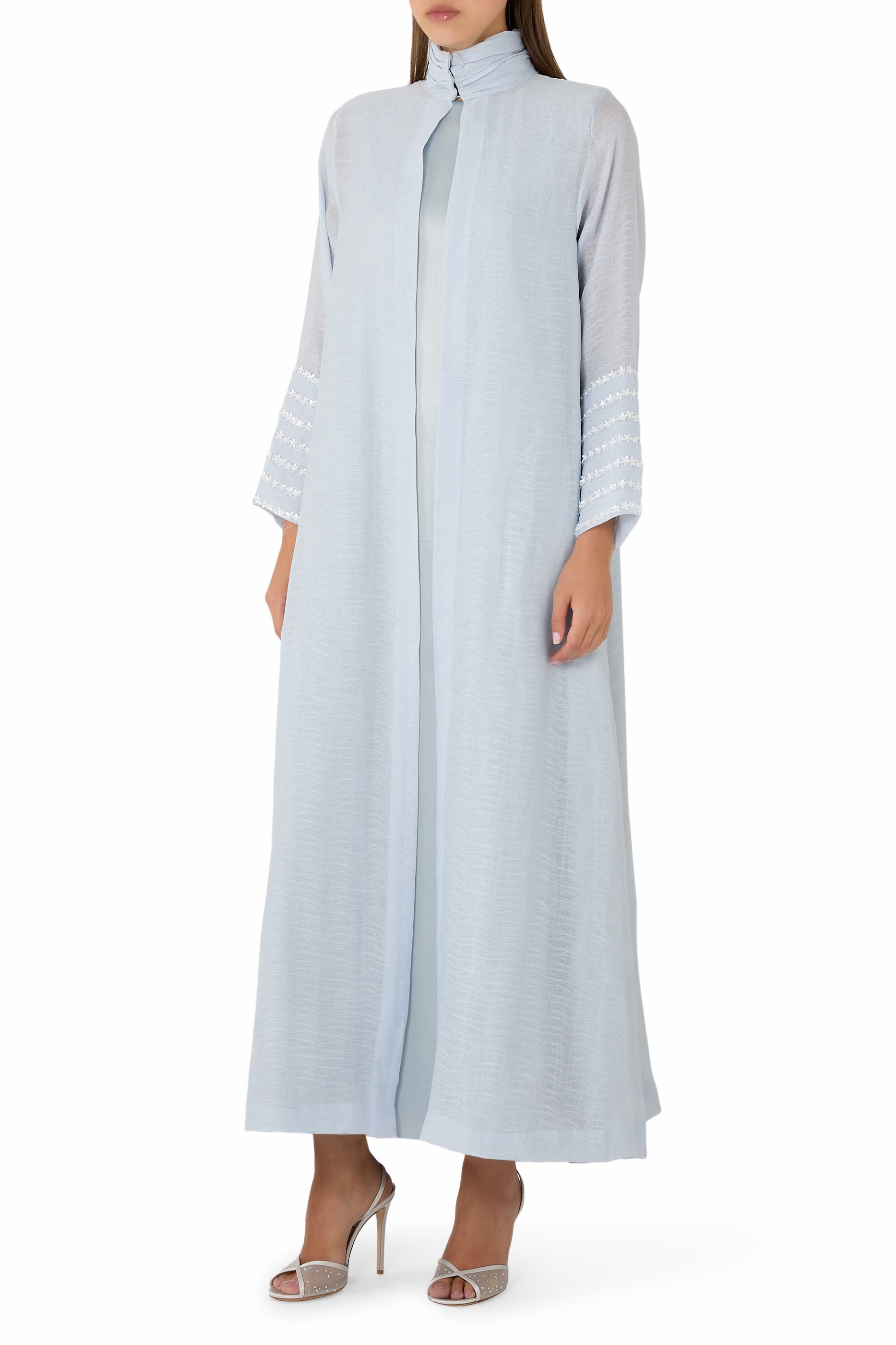 Embroidered Gathered Neck Detail Coat Dress with Inner 