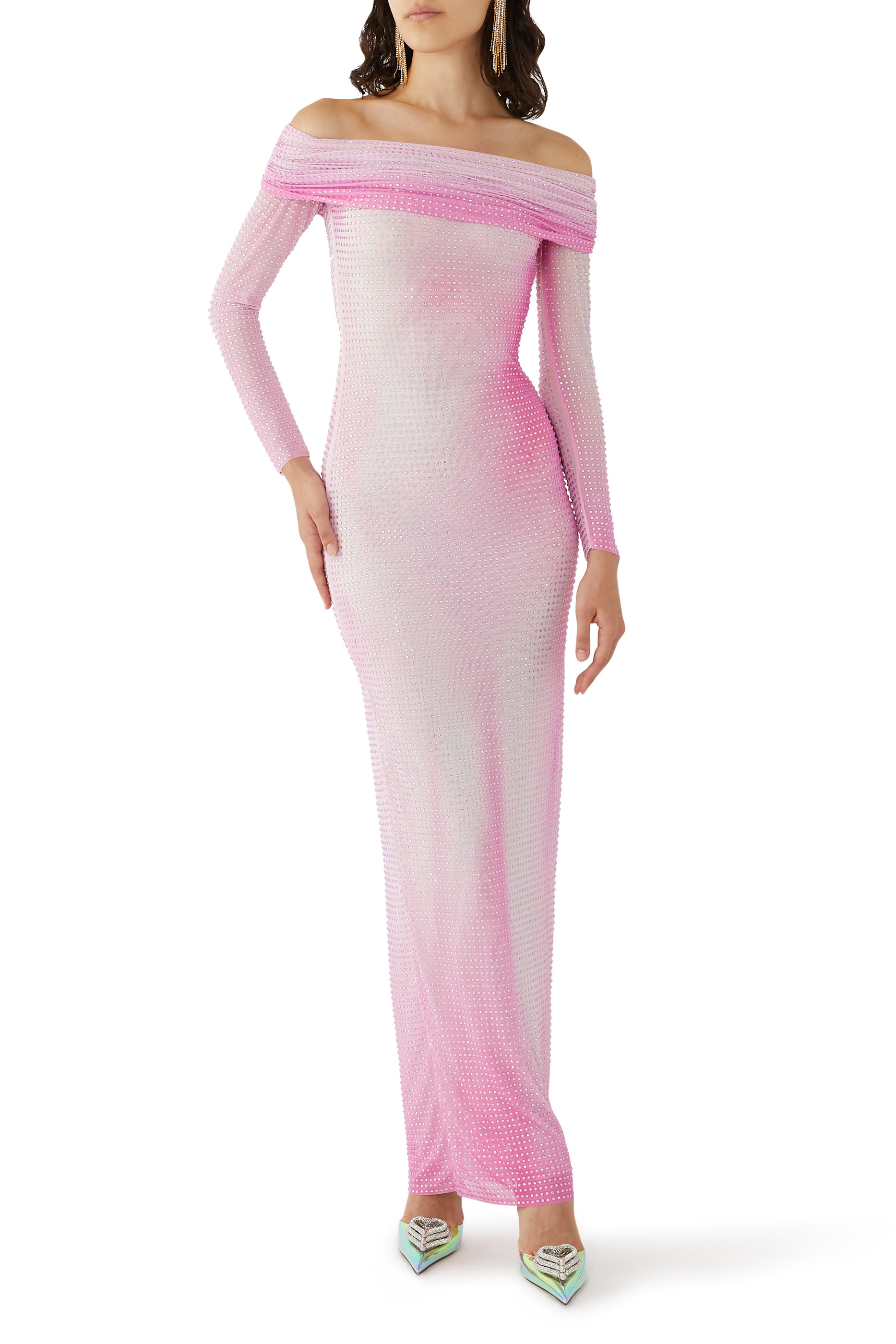 Crystal Off-Shoulder Contour Maxi Dress