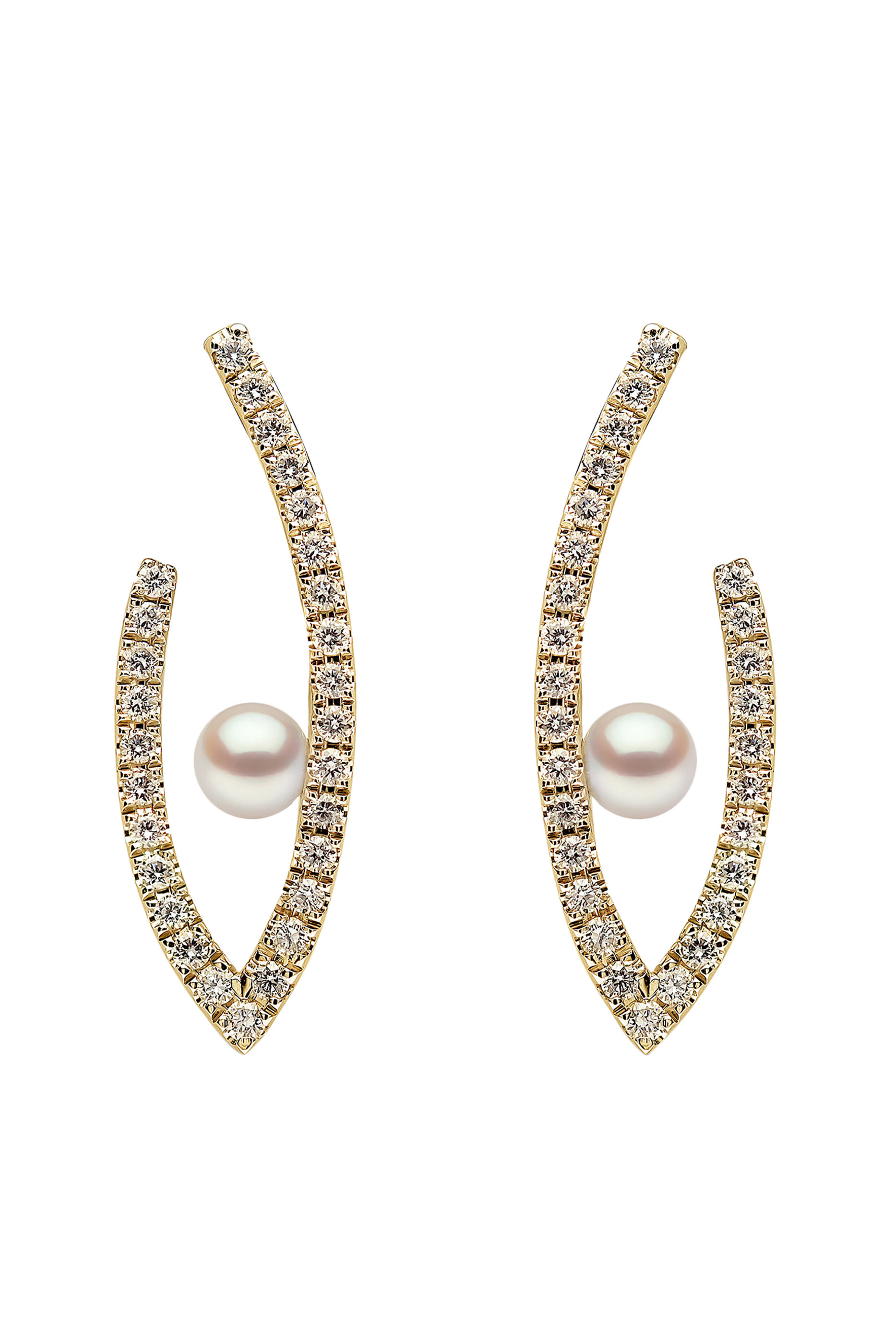 Sleek Oval Earrings, 18k Yellow Gold with Akoya Pearls & Diamonds