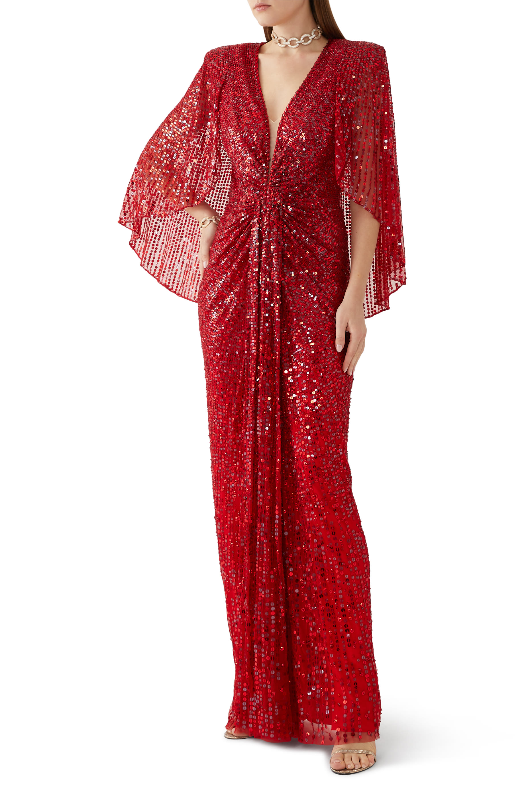 Loire V Neck Cape Sleeve Embellished Gown