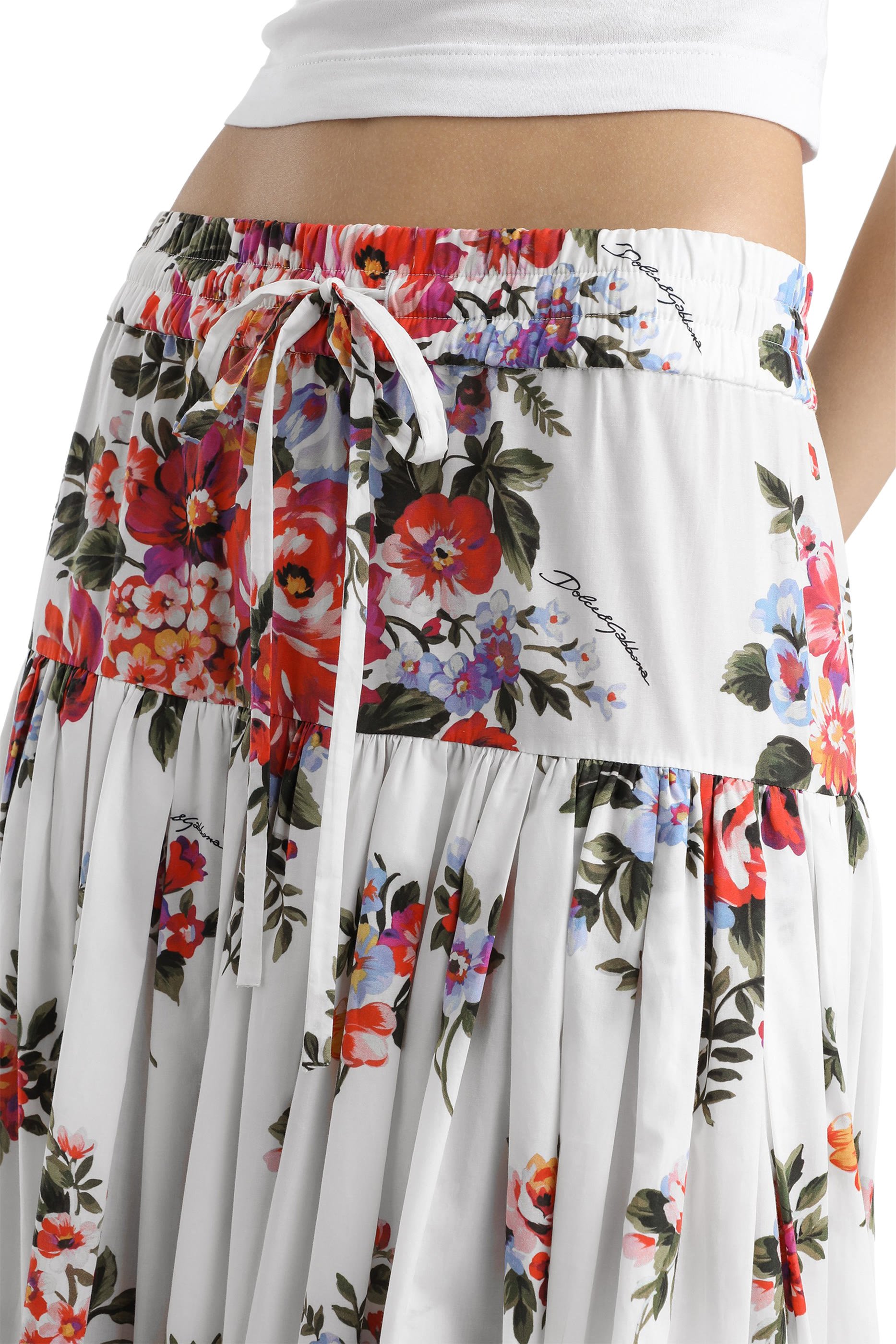Flower Bouquet-Print Poplin Long Skirt