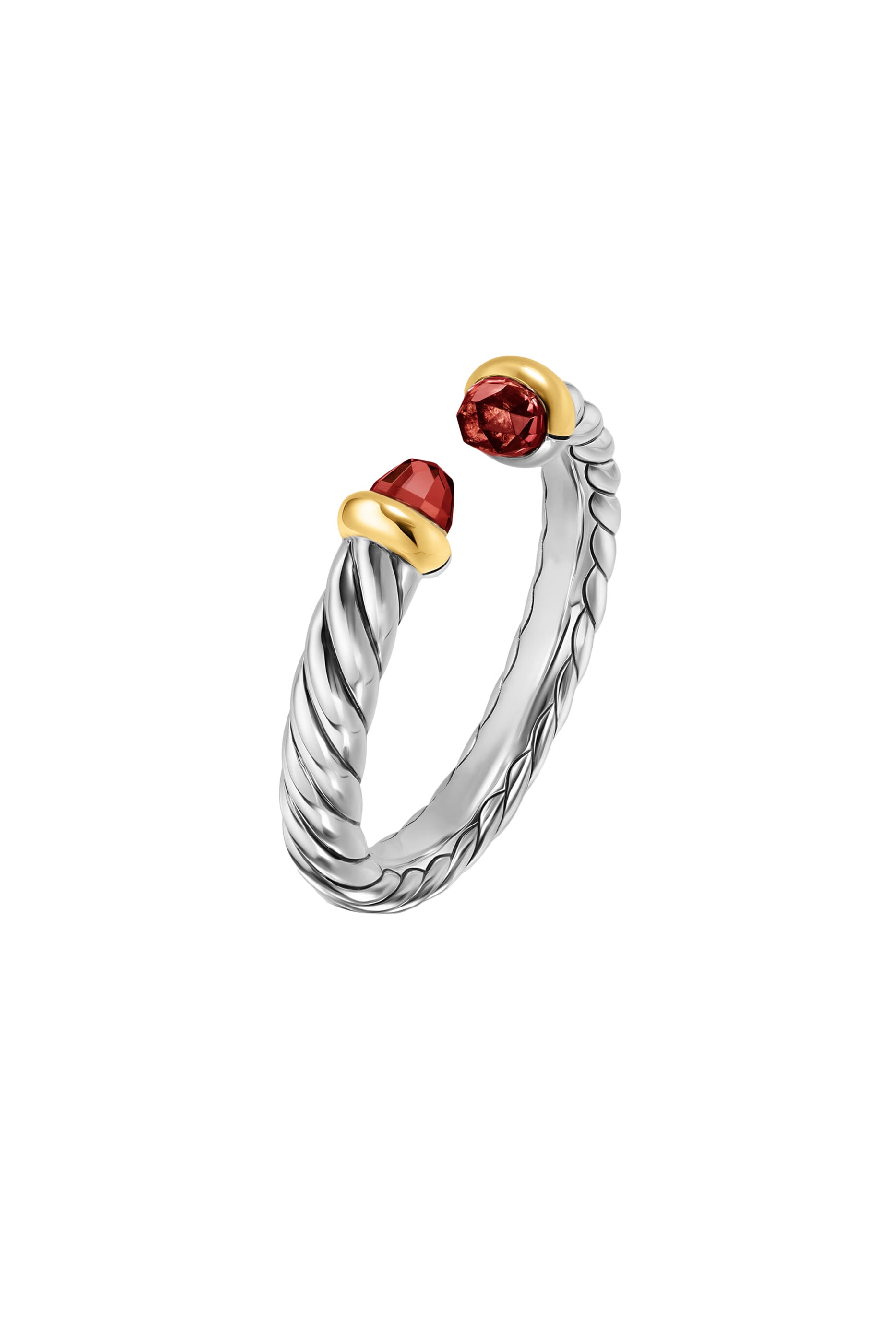 Petite Cable Open Ring, Sterling Silver with 14K Yellow Gold & Rhodolite Garnet