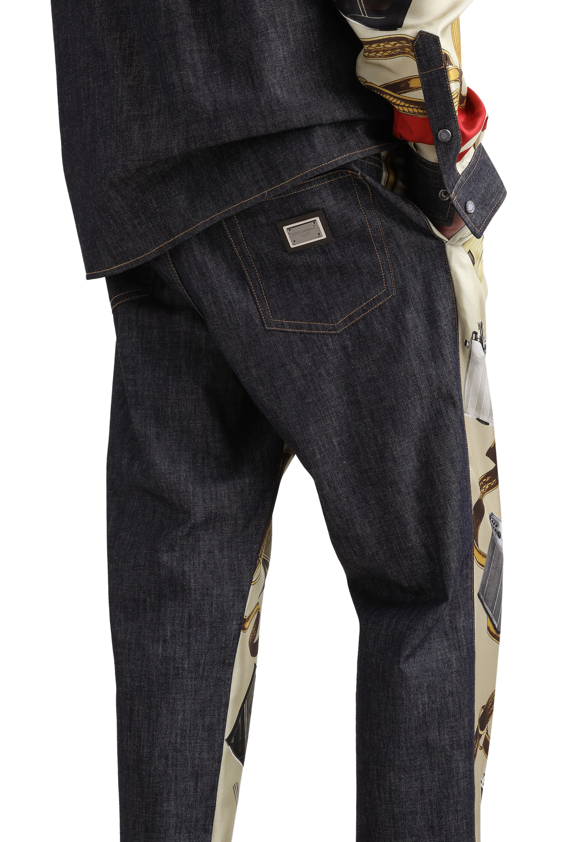 Loose Denim and Silk Jeans with Lighter Print