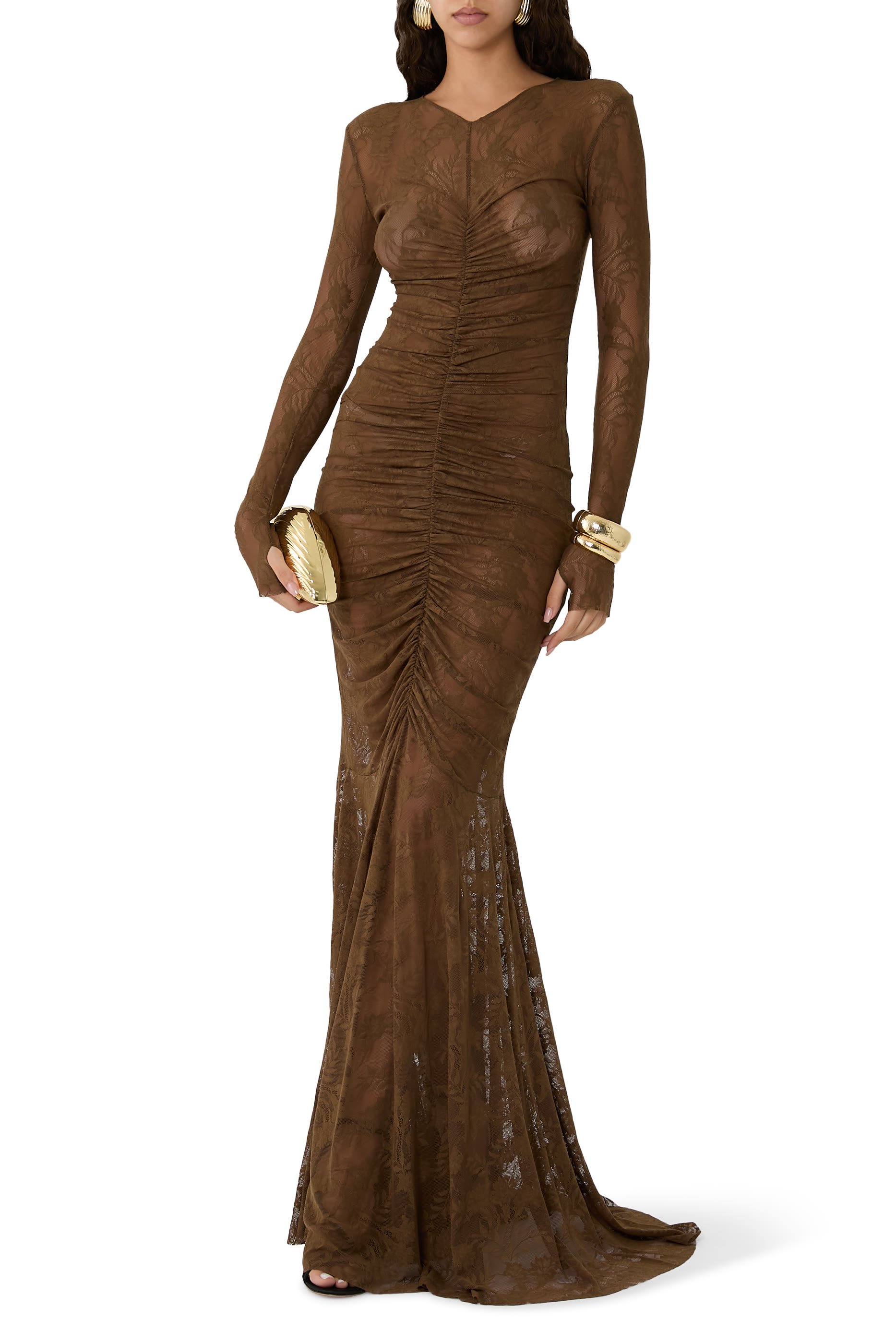 V Neck Shirred Front Fishtail Gown