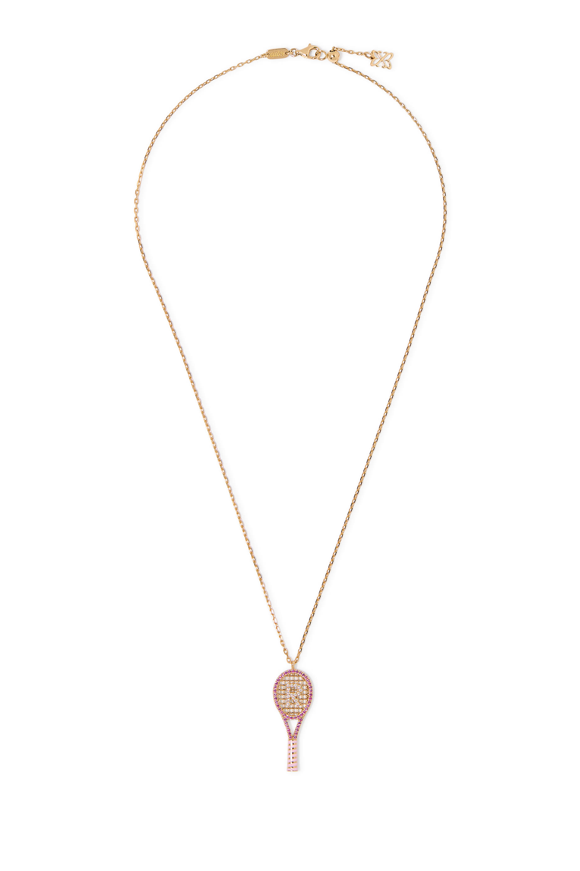 Letter 'R' Tennis Racket Necklace,  18k Yellow Gold with Diamonds & Sapphires