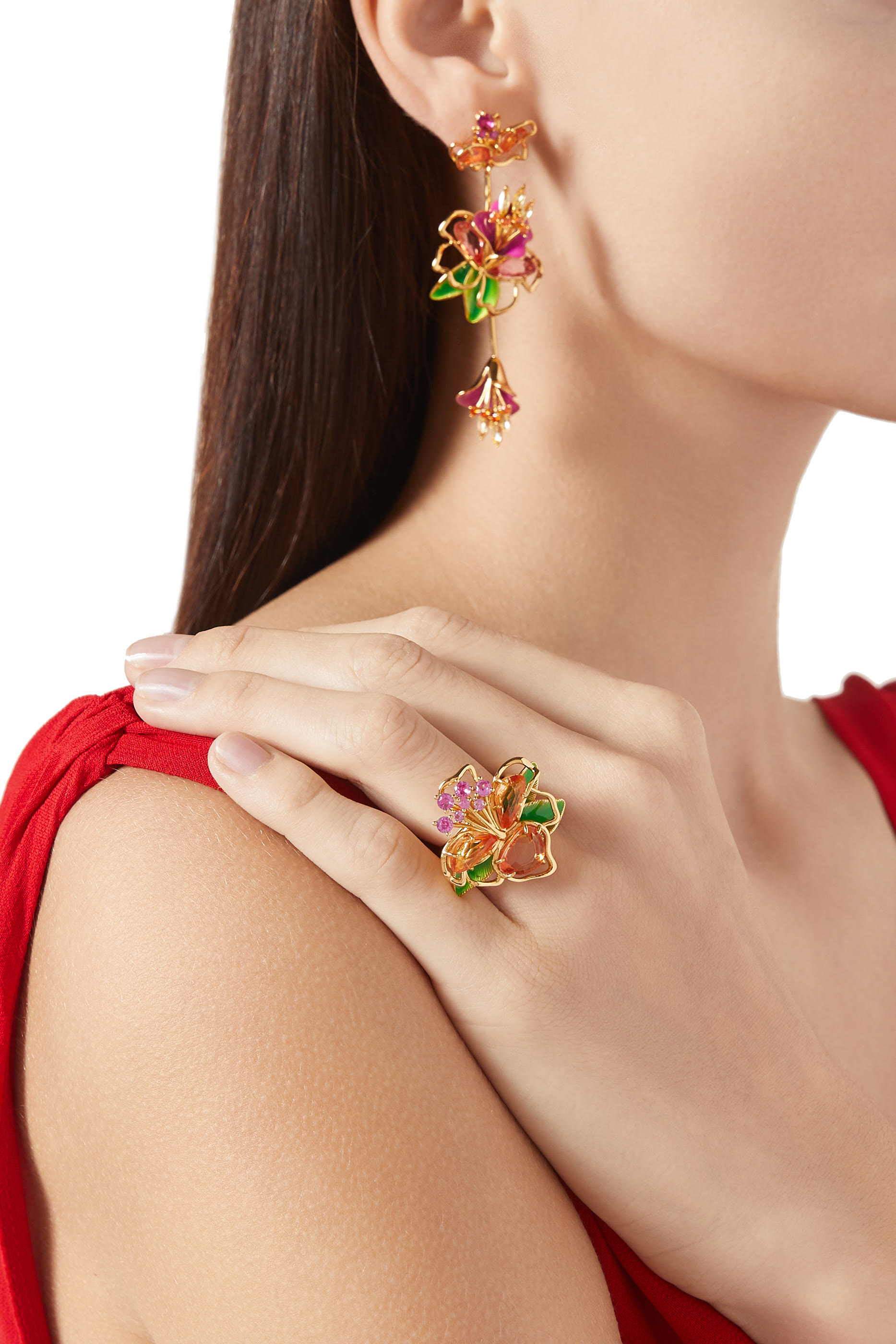 Paradise Flower Cocktail Ring, Plated Metal & Cubic Zirconia, Glass Stone, Enamel