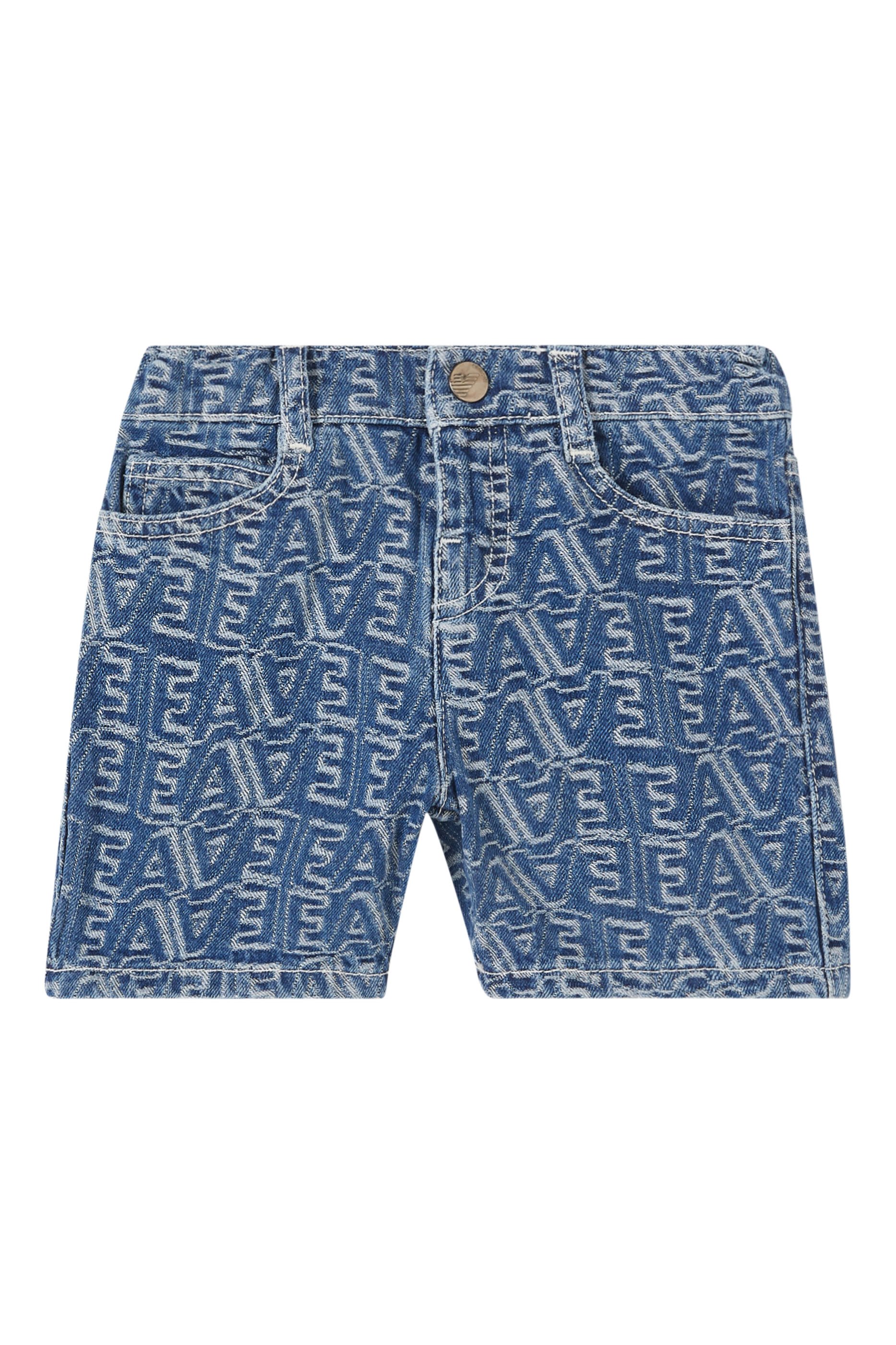 Kids All-Over Logo Lettering Denim Jacquard Shorts