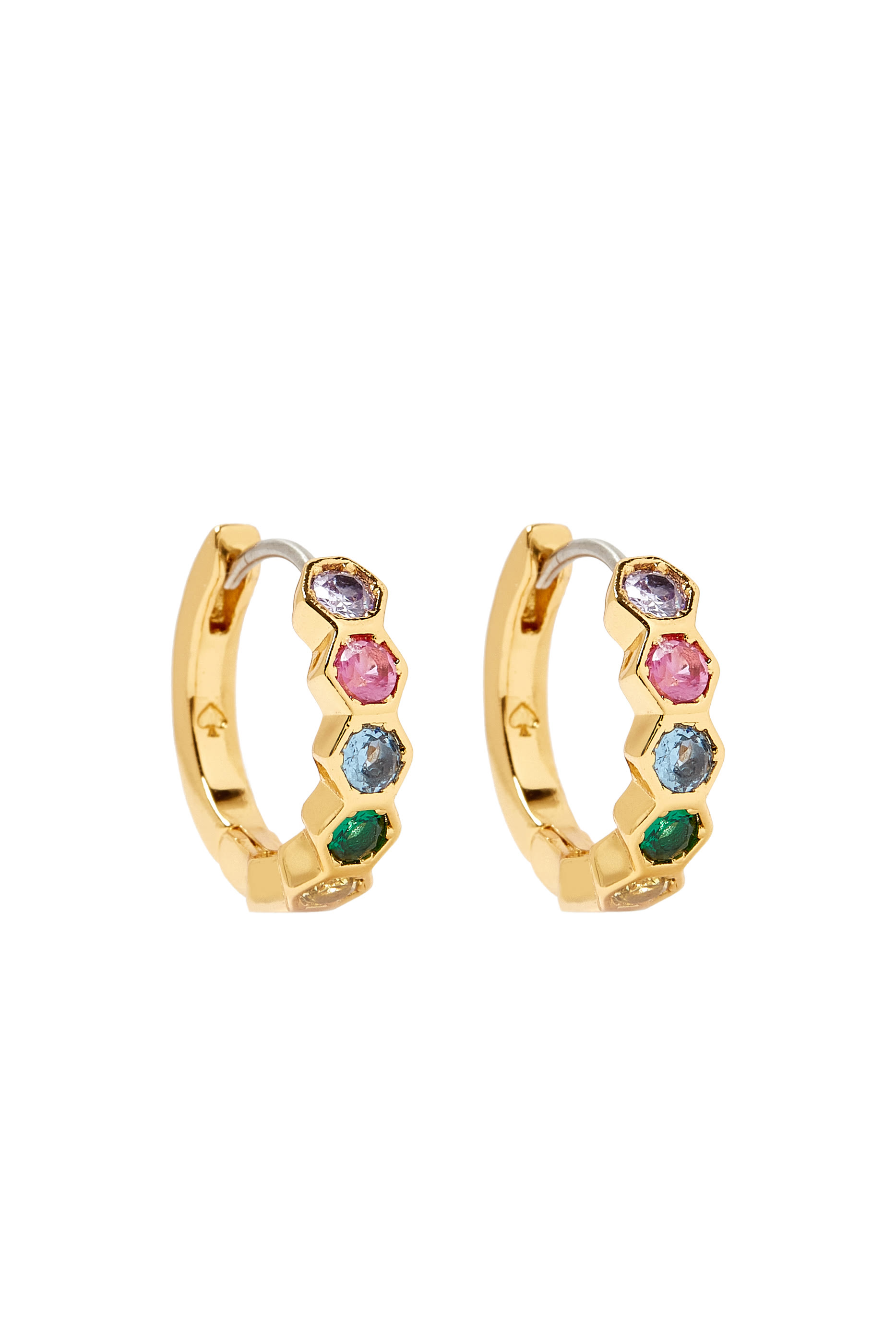 On the Ball Hexagon Huggies, Plated Metal, Surgical Steel Posts & Cubic Zirconia