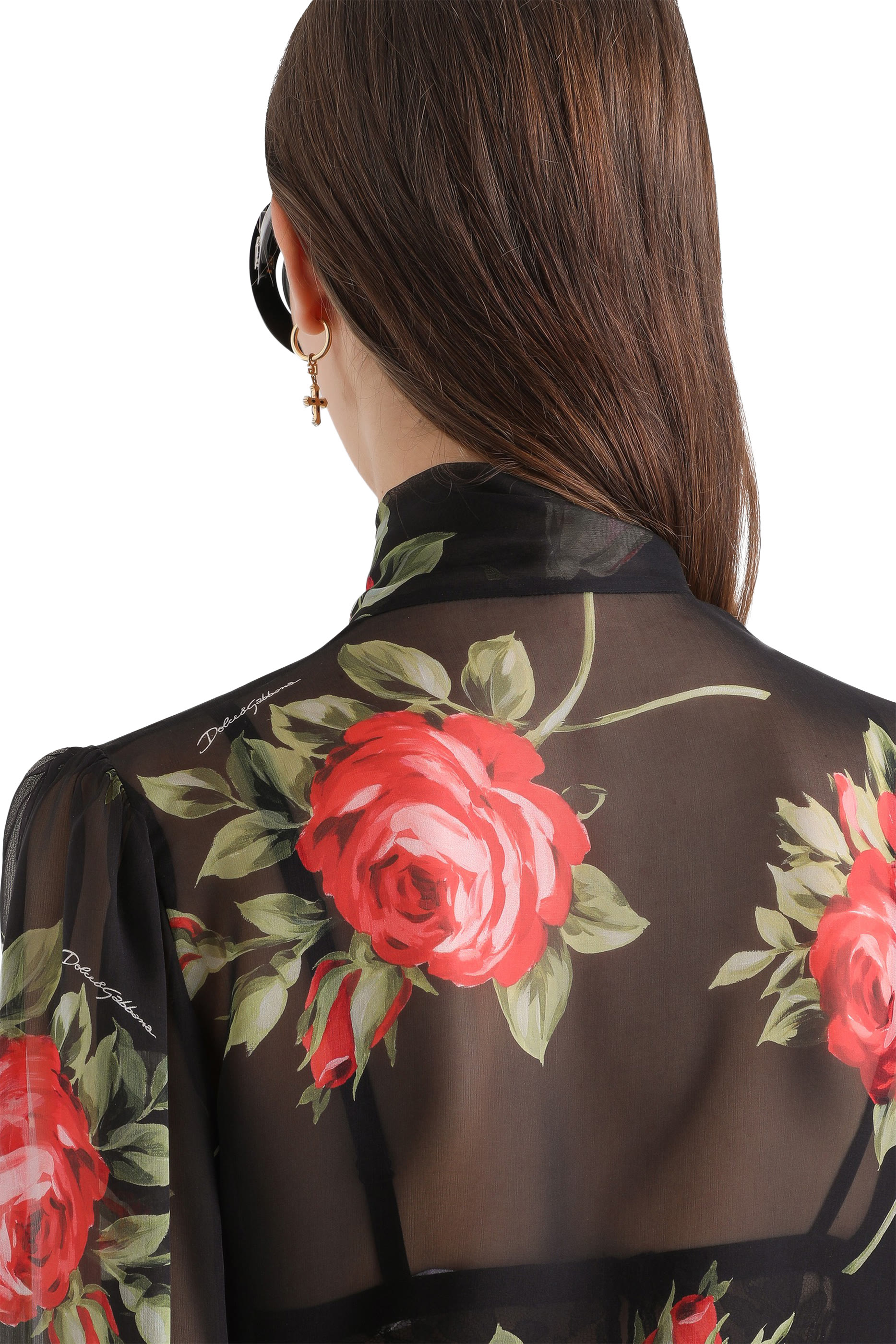 Rose Bouquet-Print Chiffon Top