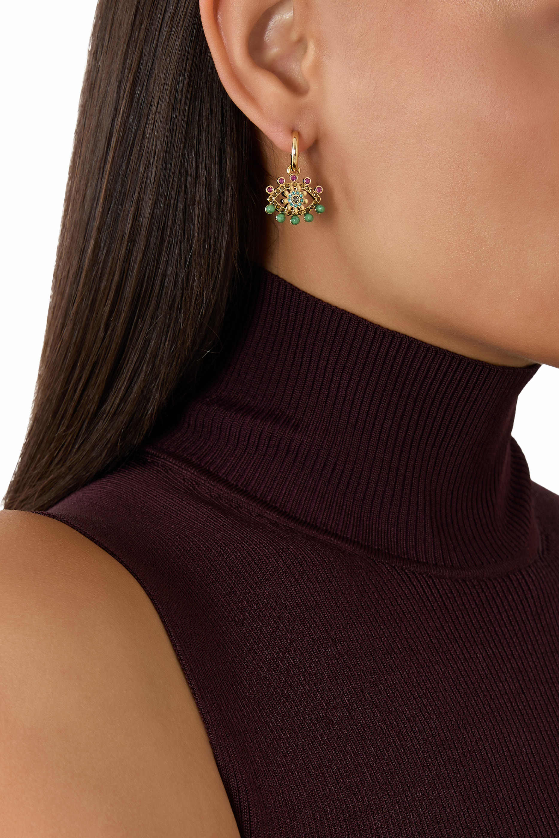 Mixed Gem Eye Huggies, Brass & Crystals