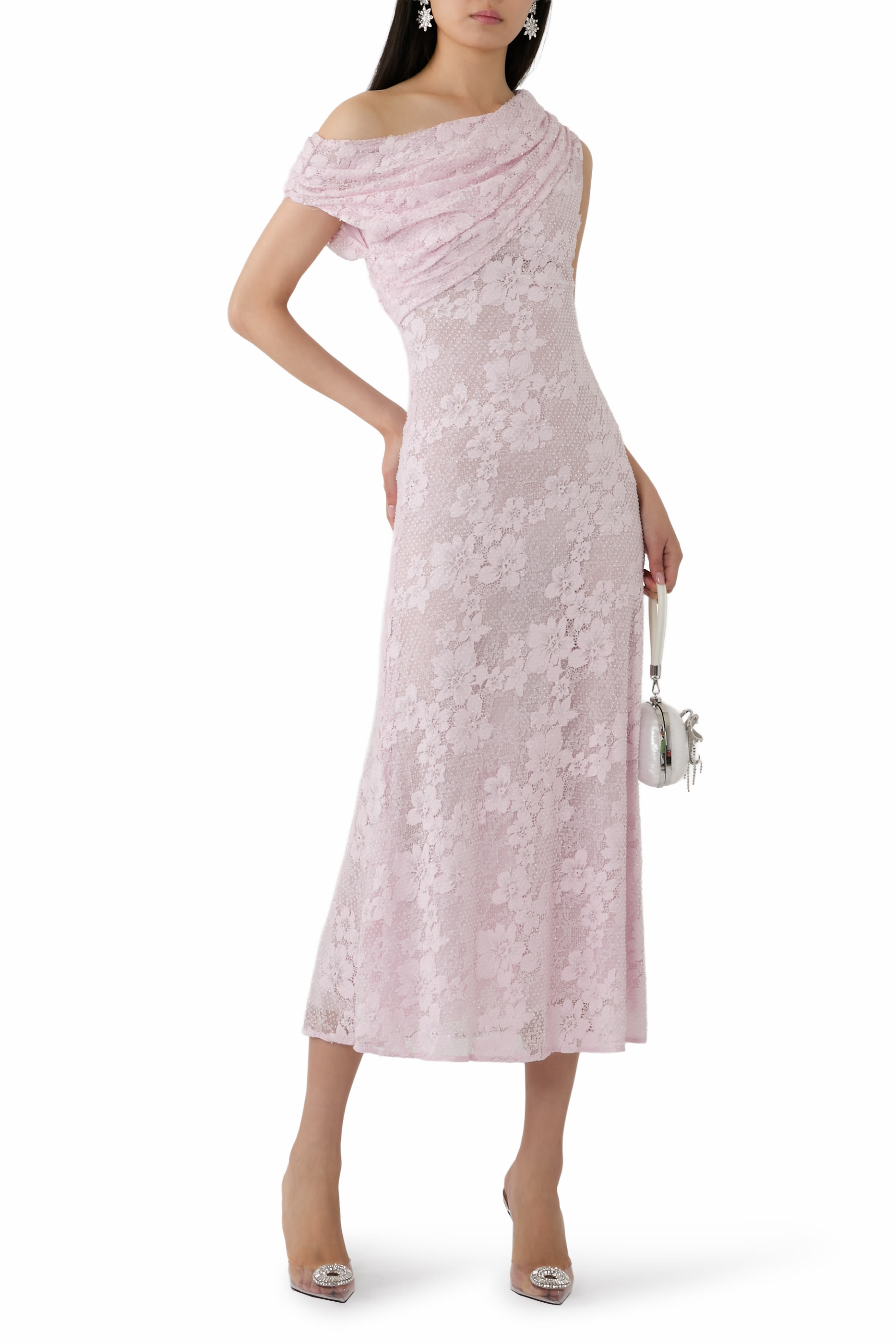 Rhinestone Lace Asymmetric Midi Dress