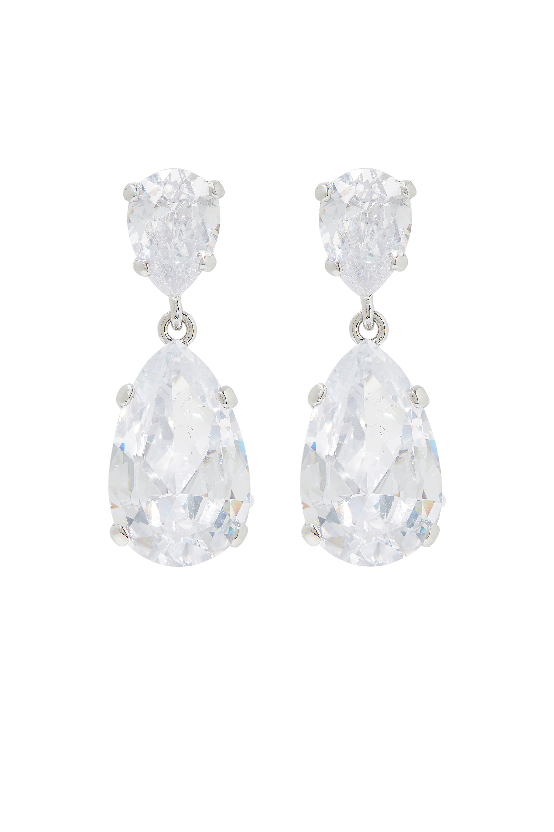 Double Pear CZ Statement Drop Earrings, Rhodium-Plated Brass & Cubic Zirconia