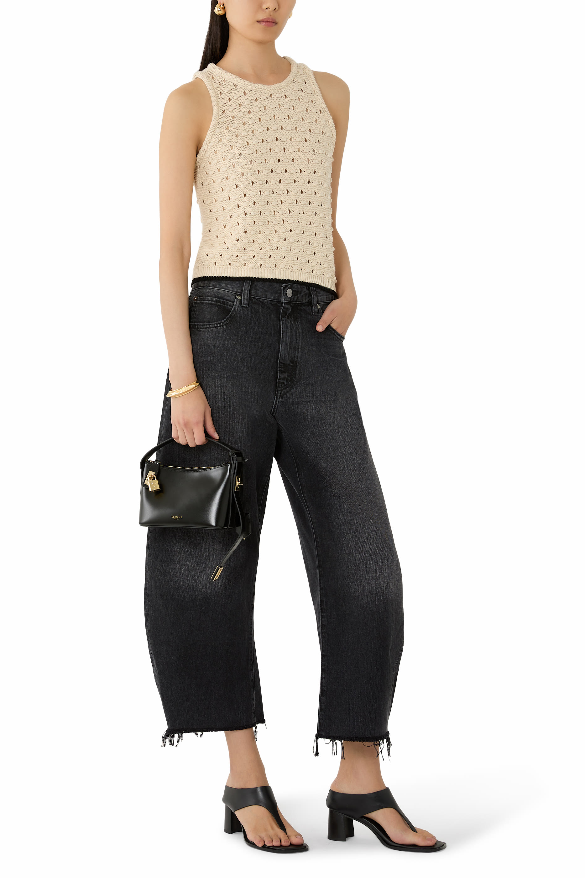 The Bubble Crop Frayed High-Rise Barrel-Leg Jeans