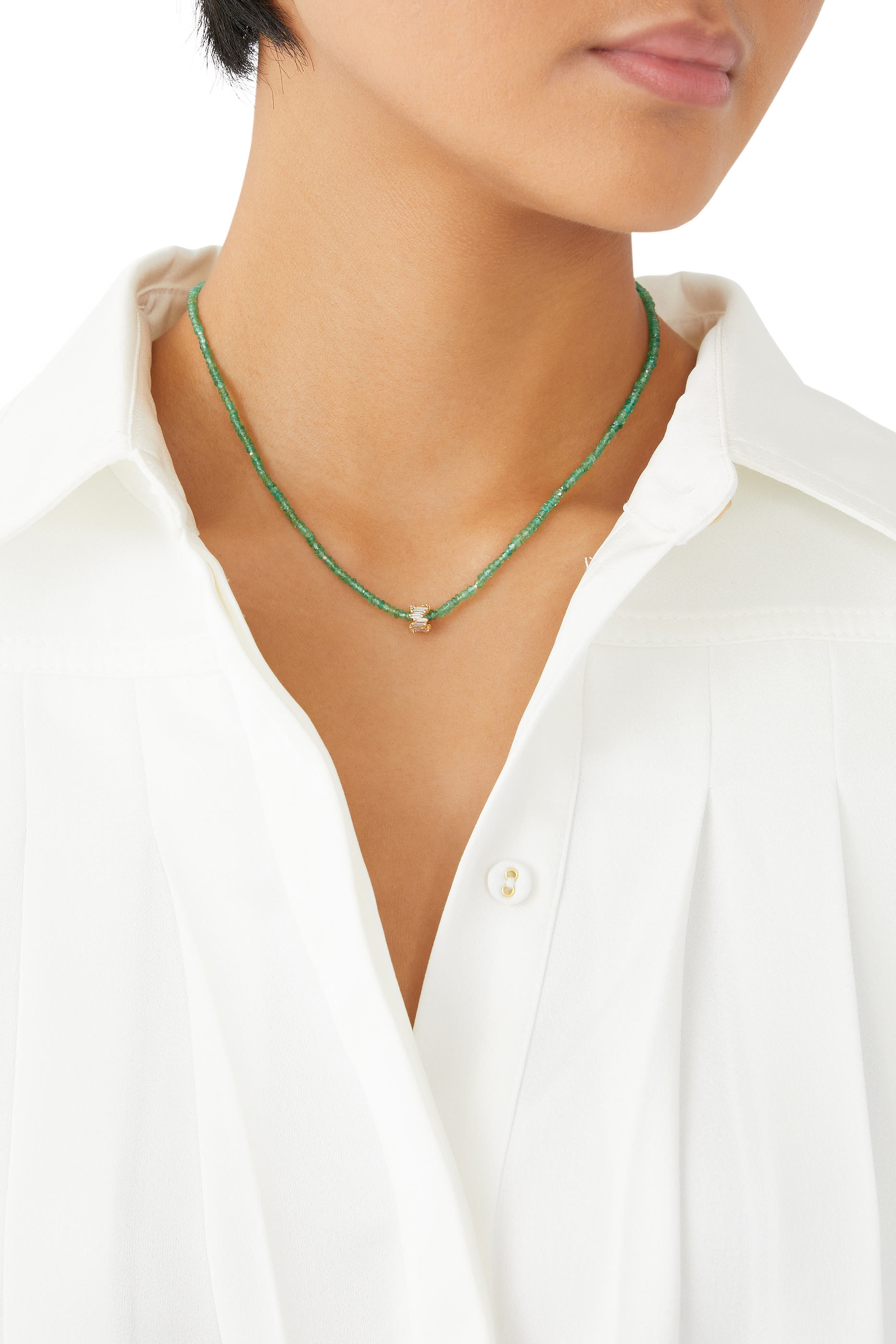 Baguette Beaded Necklace, 18k Yellow Gold with Emerald & Diamond