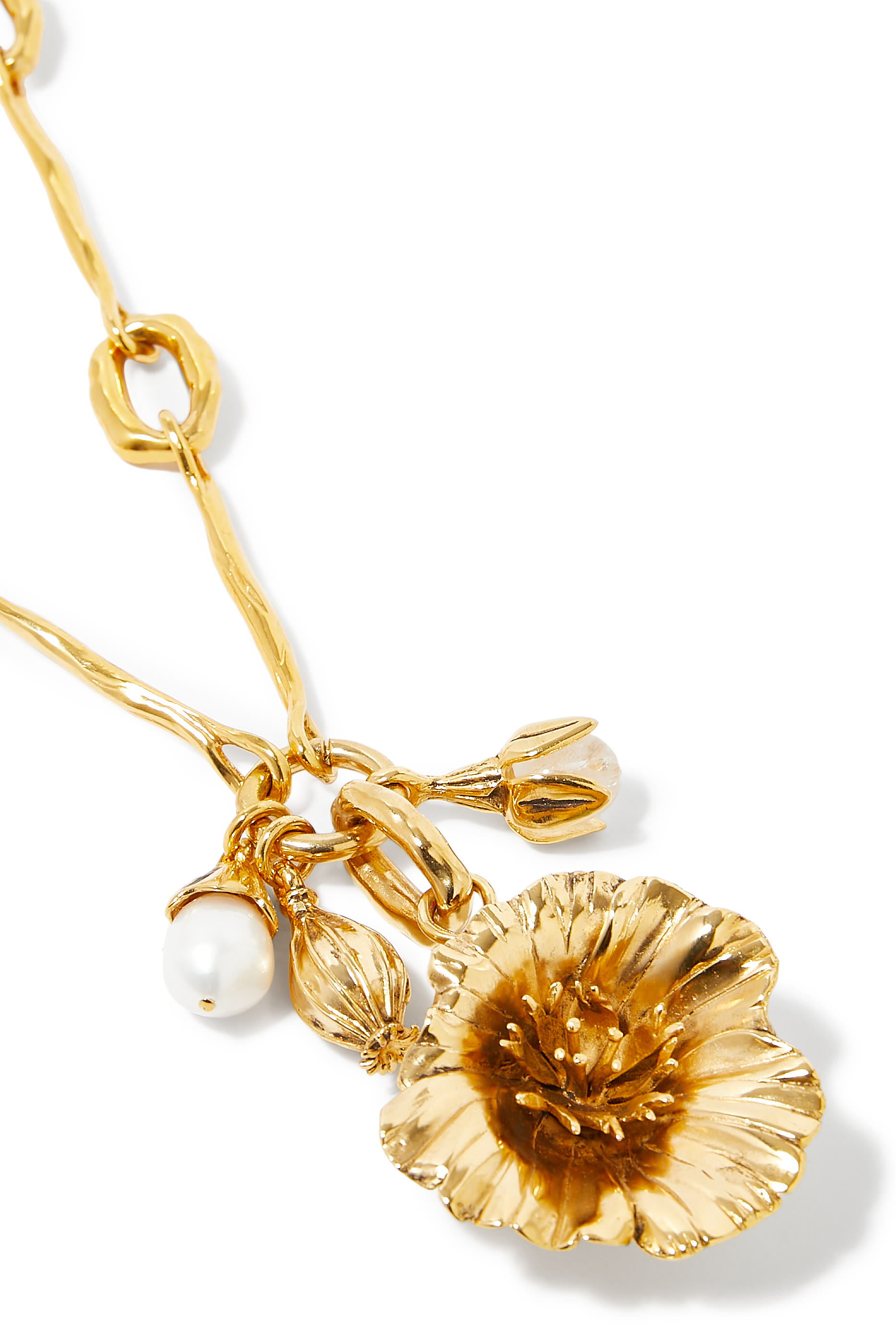 Poppy Flower Necklace, 24k Gold-Plated Brass & Freshwater Pearls