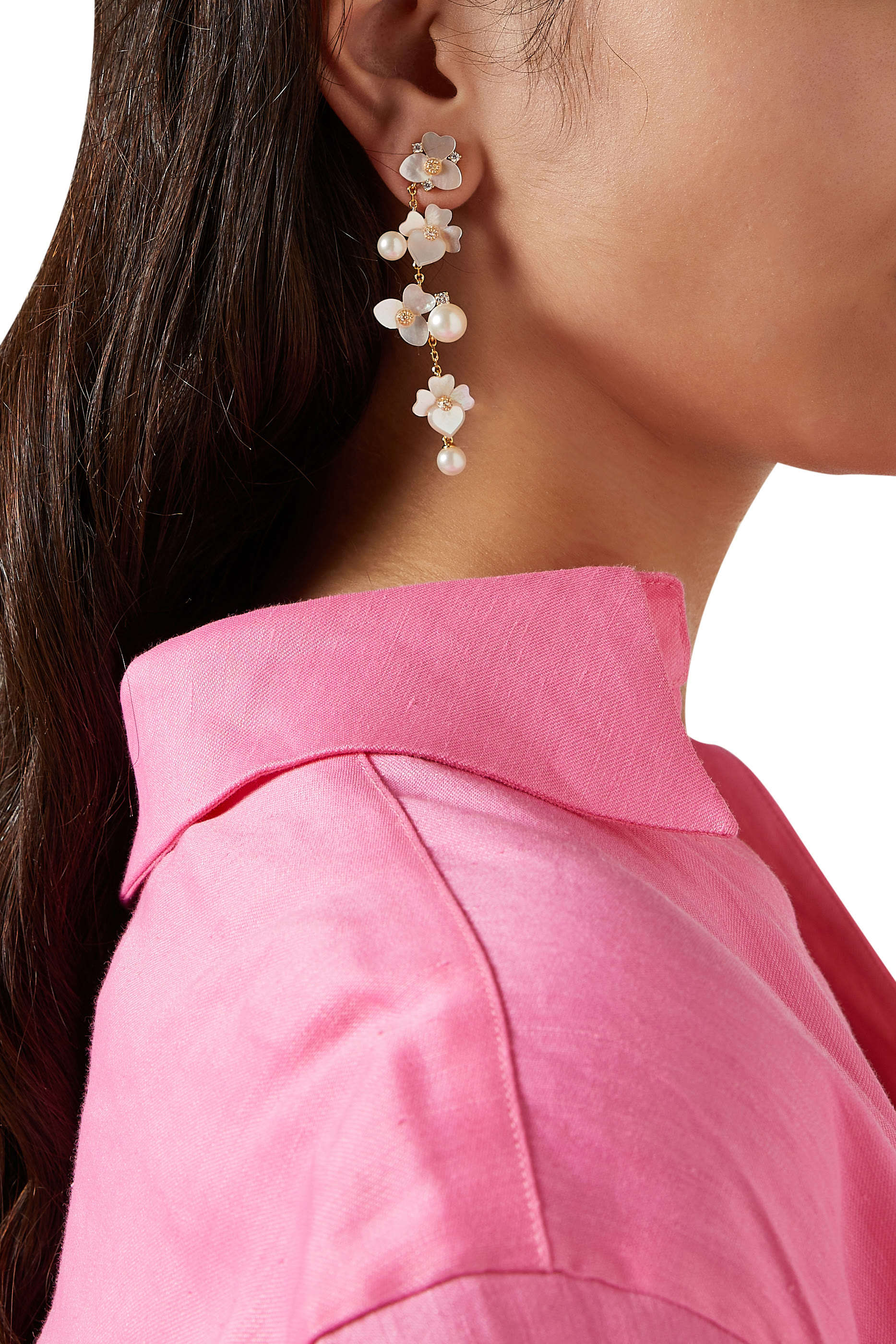 Precious Pansy Linear Earrings, Plated Metal with Mother-of-Pearl & Cubic Zirconia