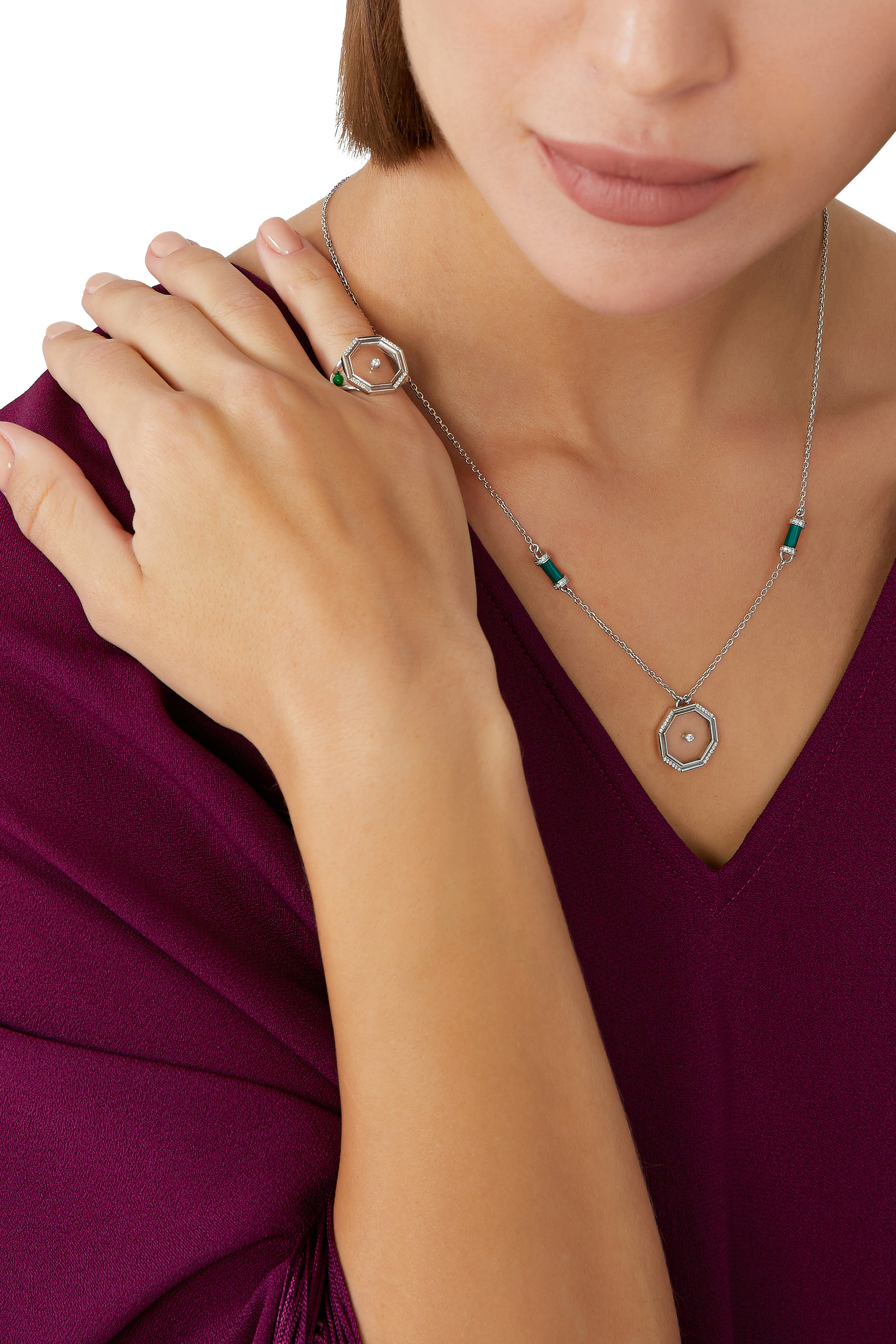 Mini Hexagon Amulet of Light Pillar Necklace, 18k White Gold with Malachite, Transparent de Roche & Diamonds