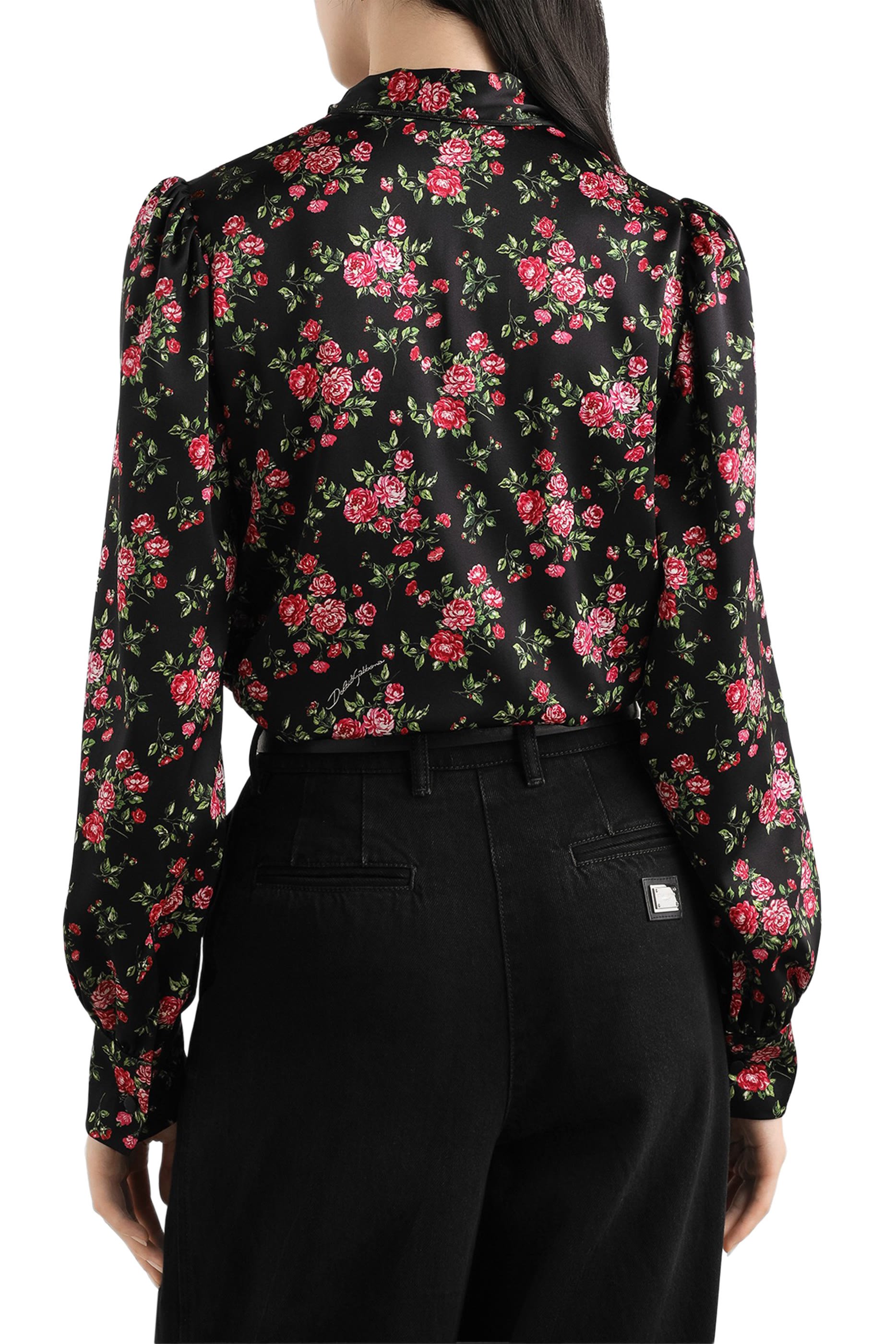 Small Rose Bouquet-Print Satin Shirt