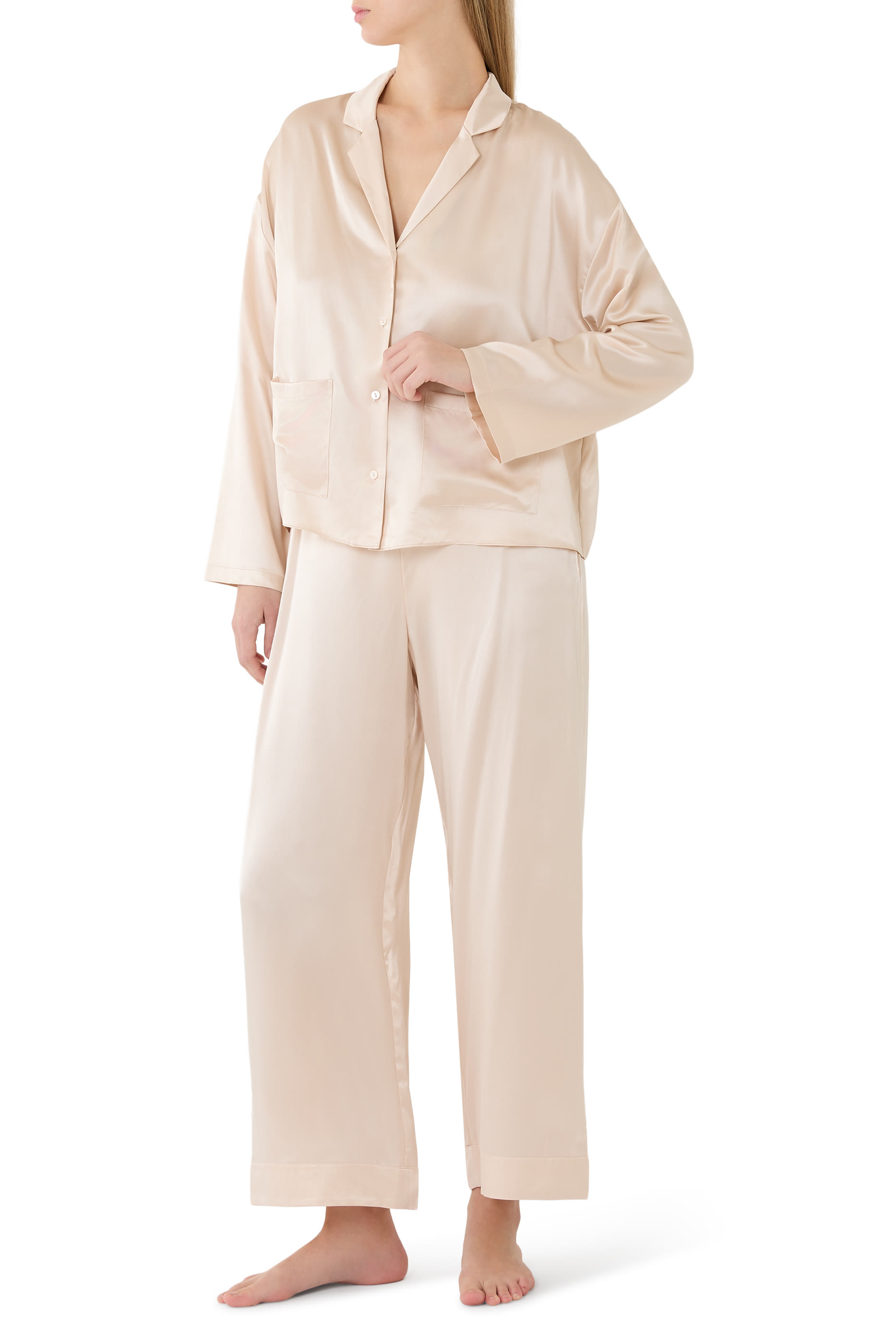  Silk Pocket Drop Shoulder Pajama Set 