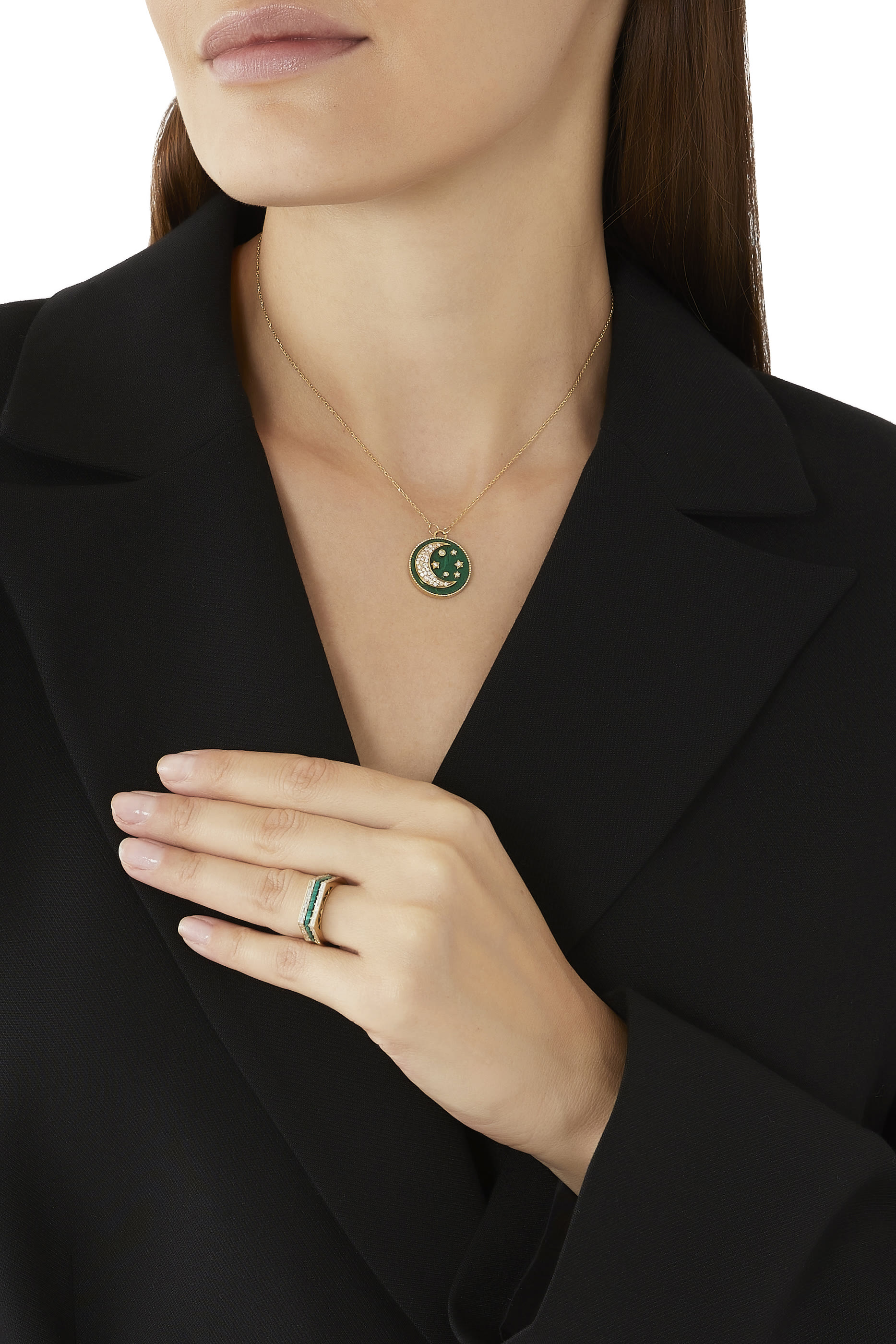 Moon Pendant Necklace, 18k Yellow Gold, Diamond & Malachite