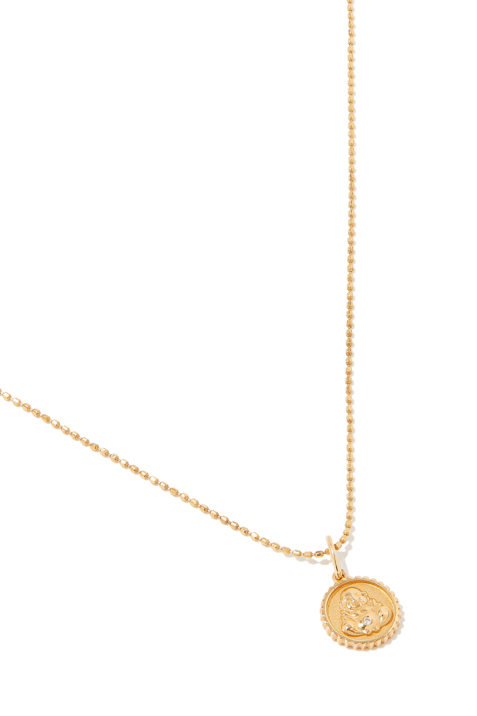 Sitting Budha Tiny Coin Necklace,  14K Yellow Gold & Diamonds