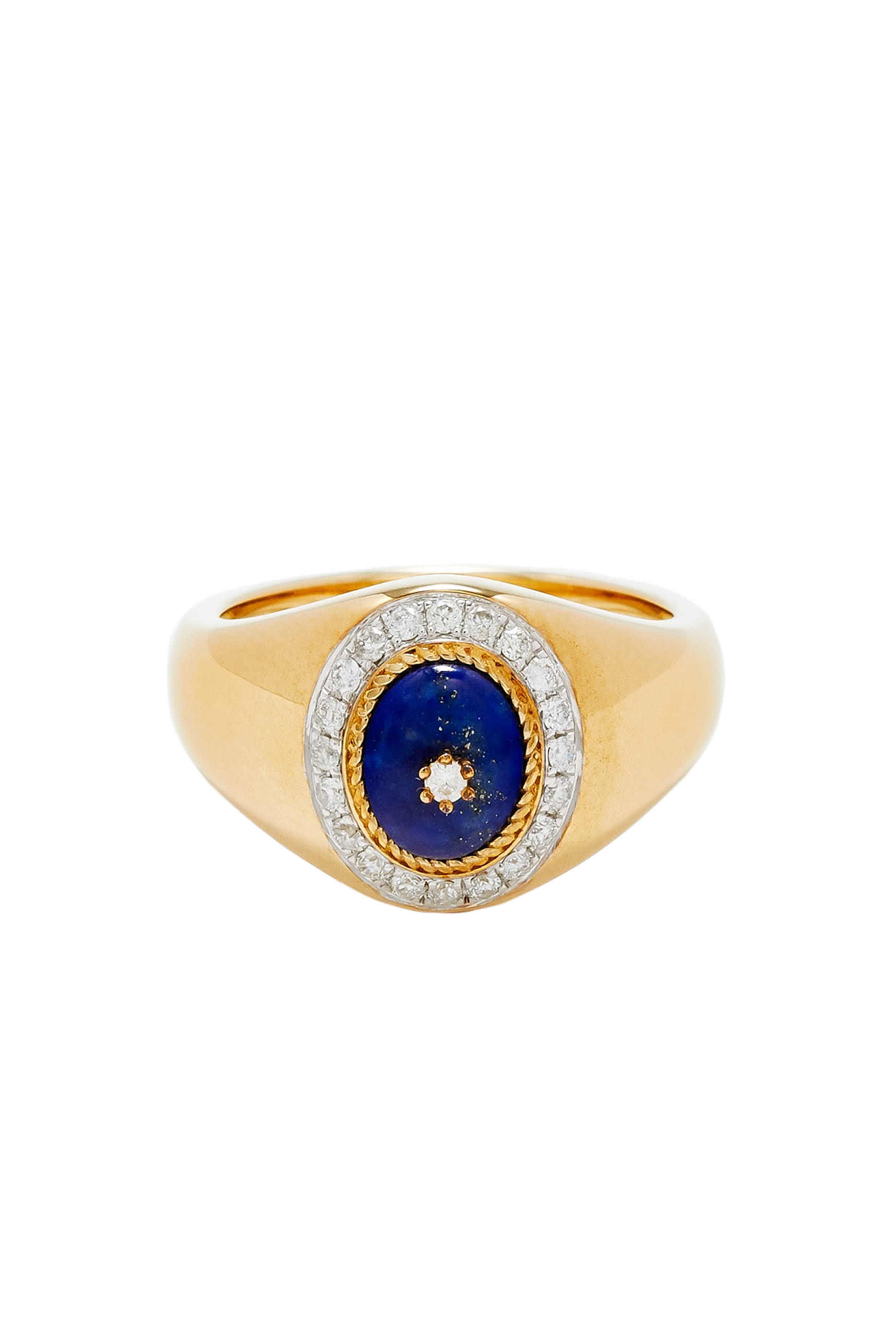 Mini Pompadour Pinky Ring, 18k Yellow Gold with Torsades Lapis Lazuli & Diamonds