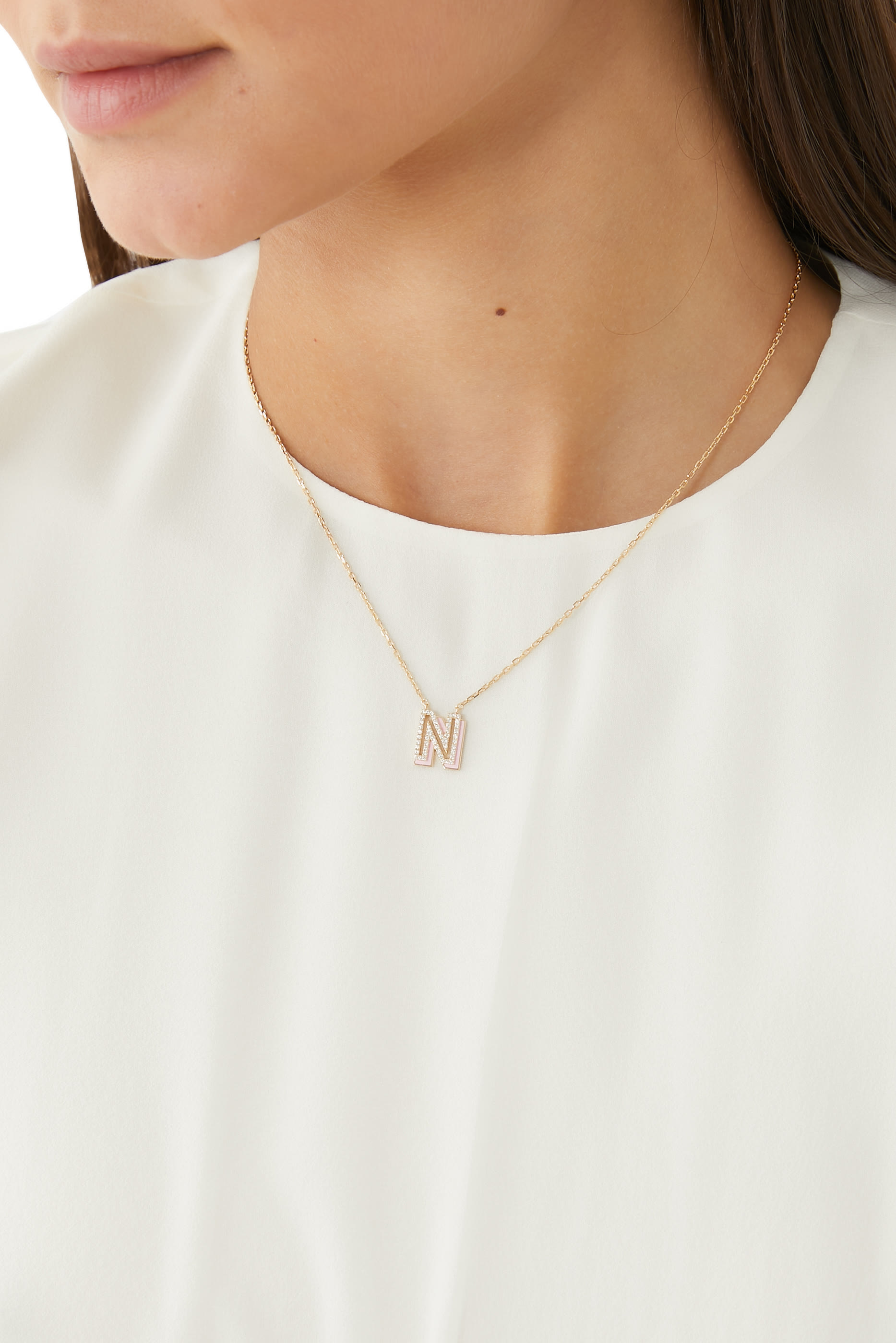 N Letter Pendant Necklace, 18k Yellow Gold with Diamonds & Enamel