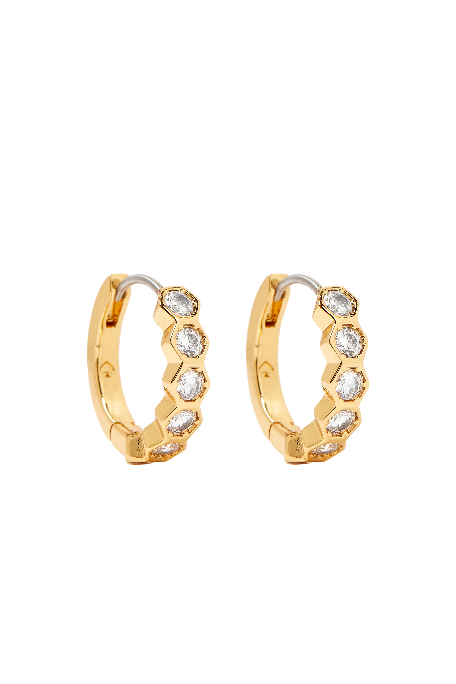 On the Ball Hexagon Huggies, Plated Metal with Surgical Steel Posts & Cubic Zirconia