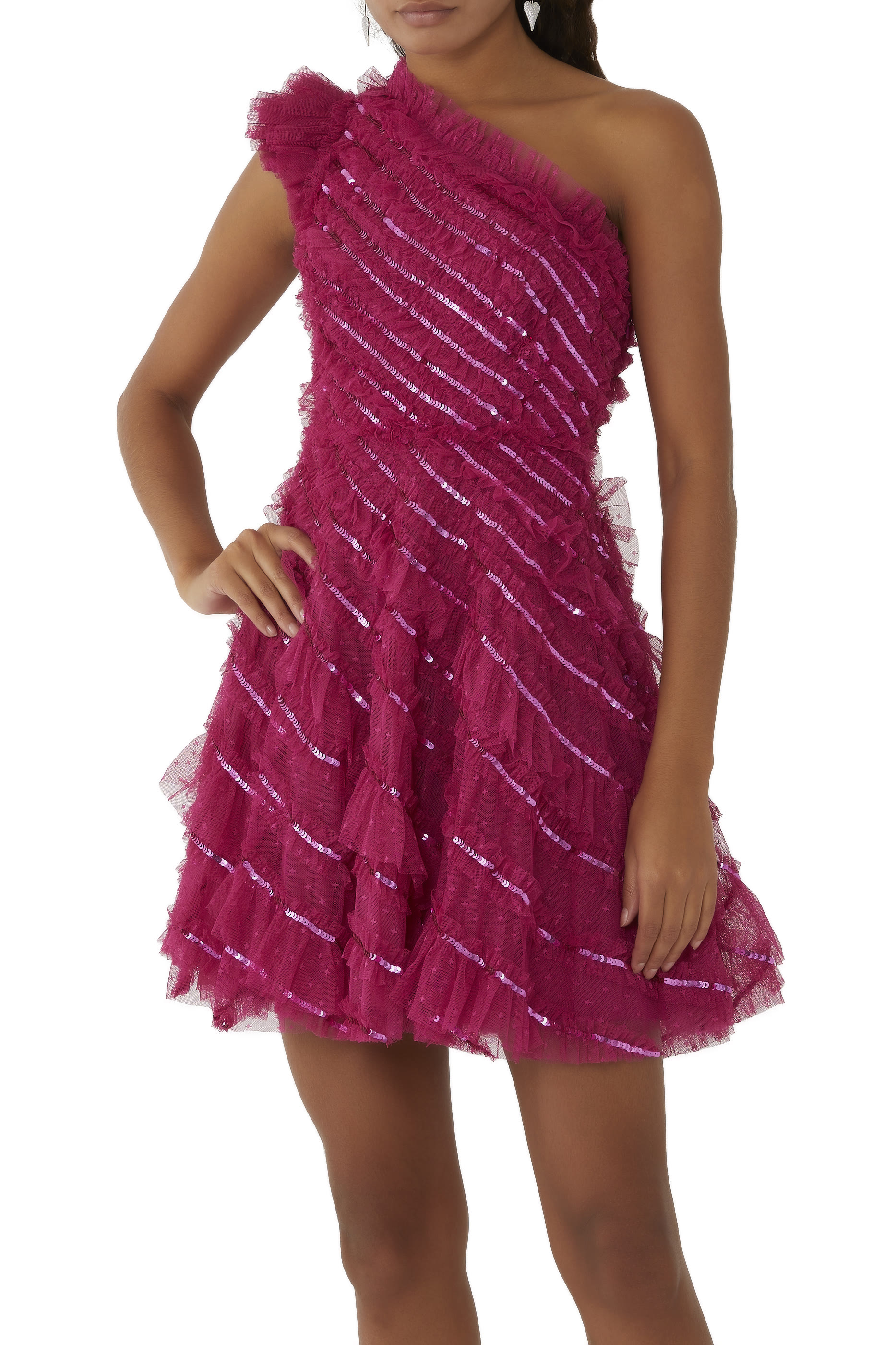 Spiral Sequin One-Shoulder Micro Mini Dress