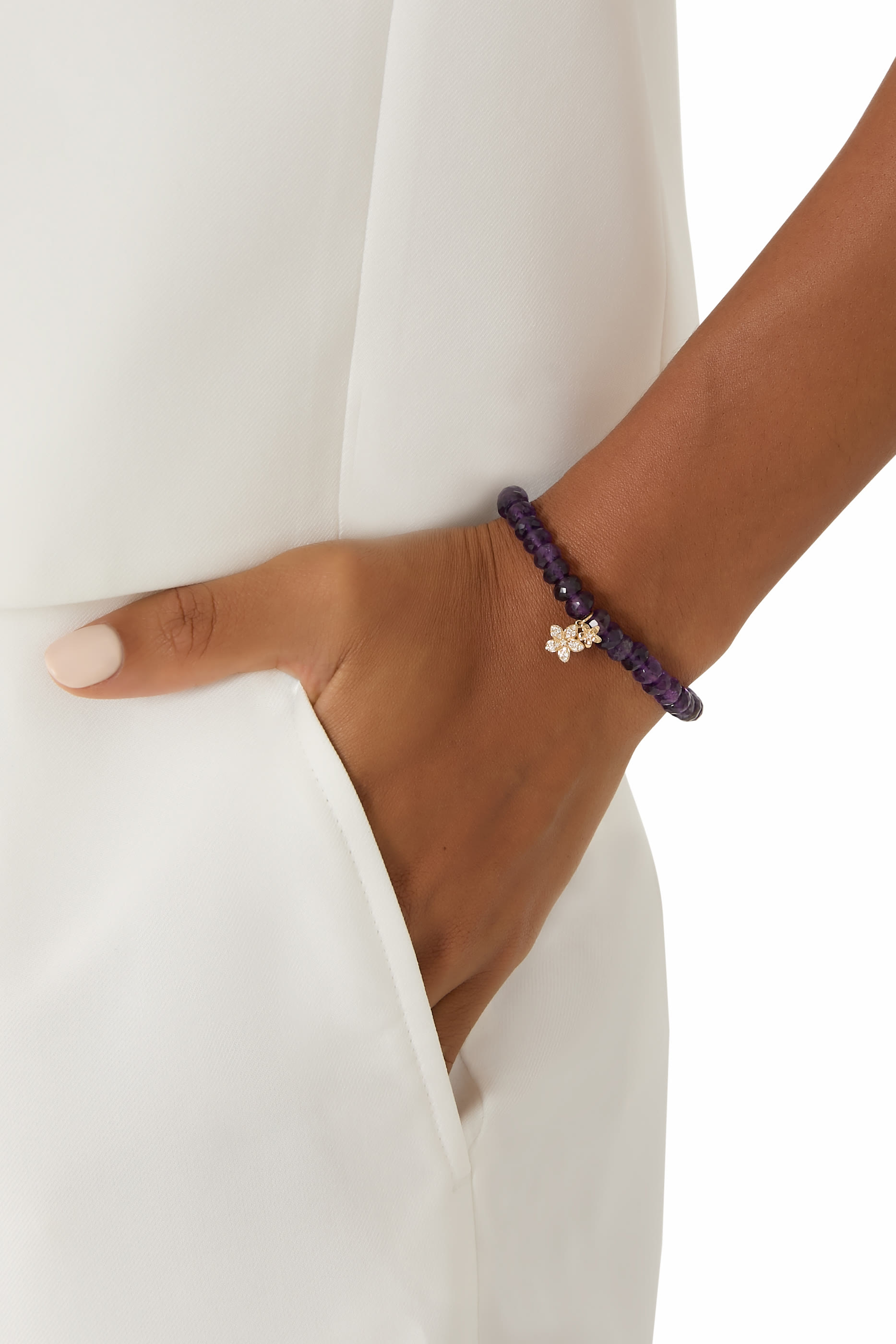 Small Plumeria Charm Beaded Bracelet, 14K Yellow Gold, Diamonds & Amethyst