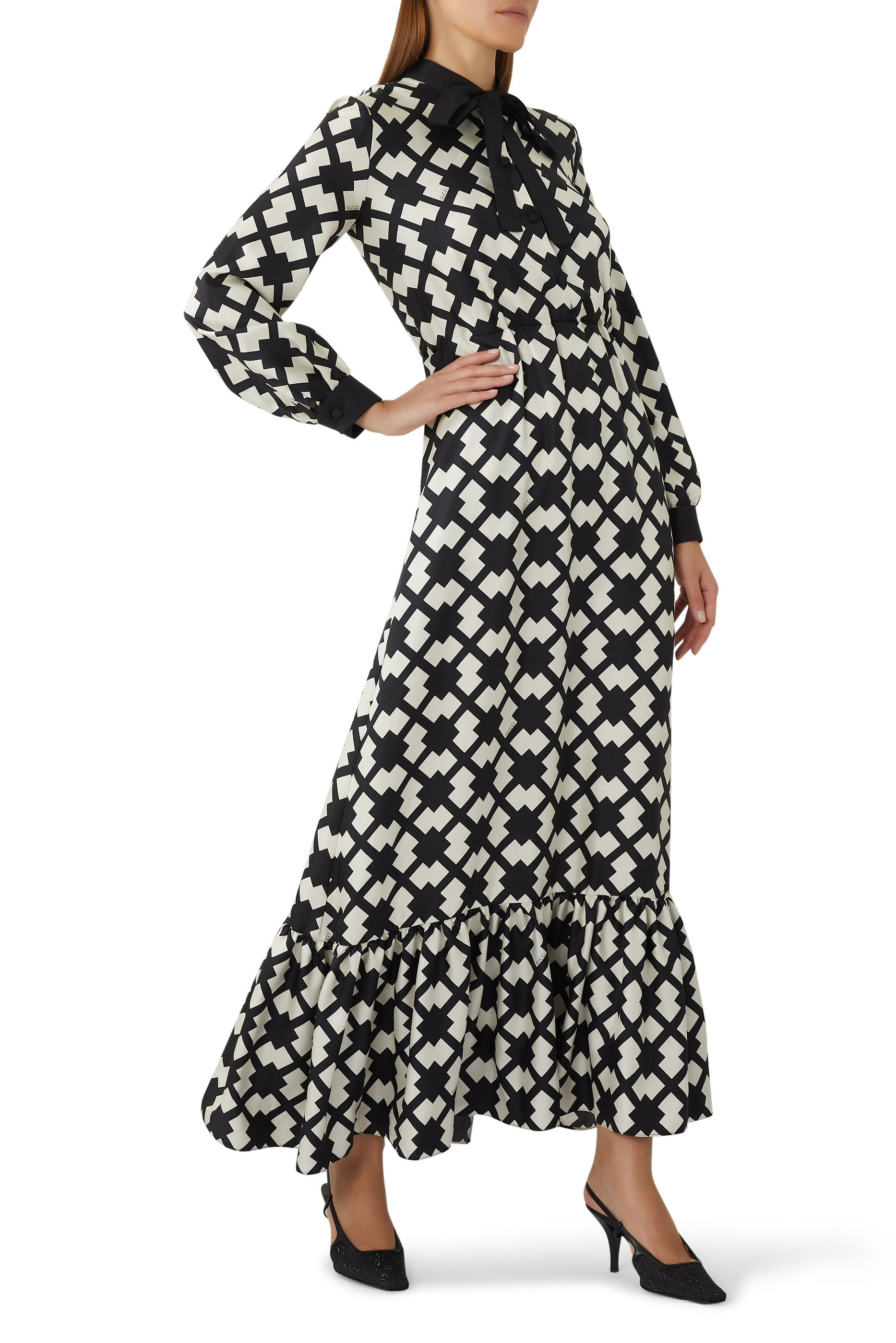 Rhombus Tile Print Silk Dress