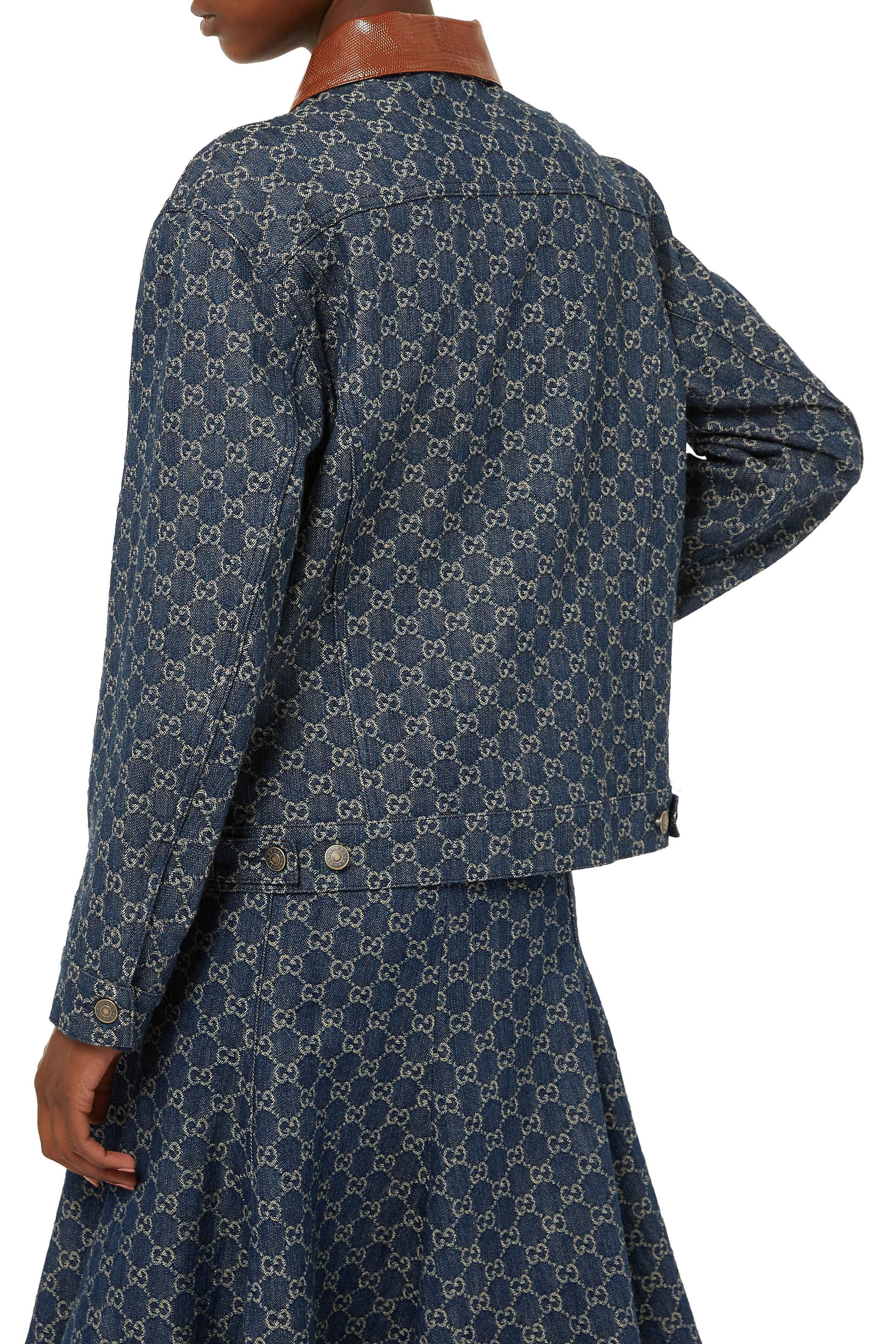 Lizard-effect Leather-Trimmed Denim Jacquard Jacket