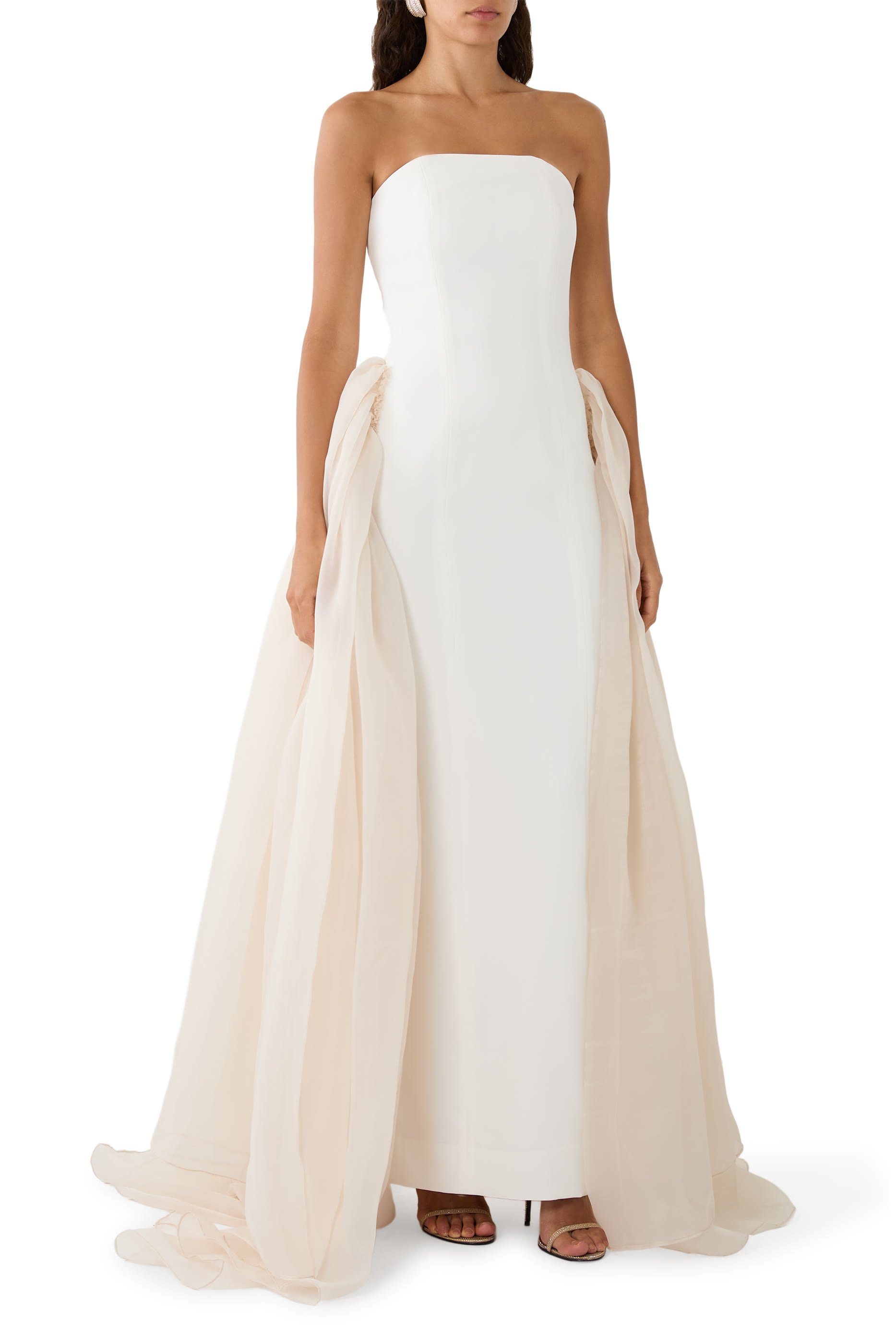 Organza Side Trains Strapless Gown