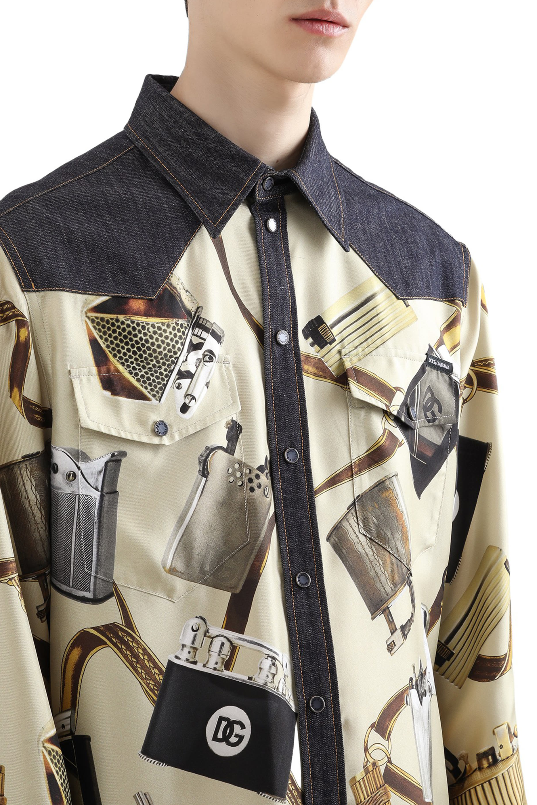 Lighter Print Silk & Denim Shirt