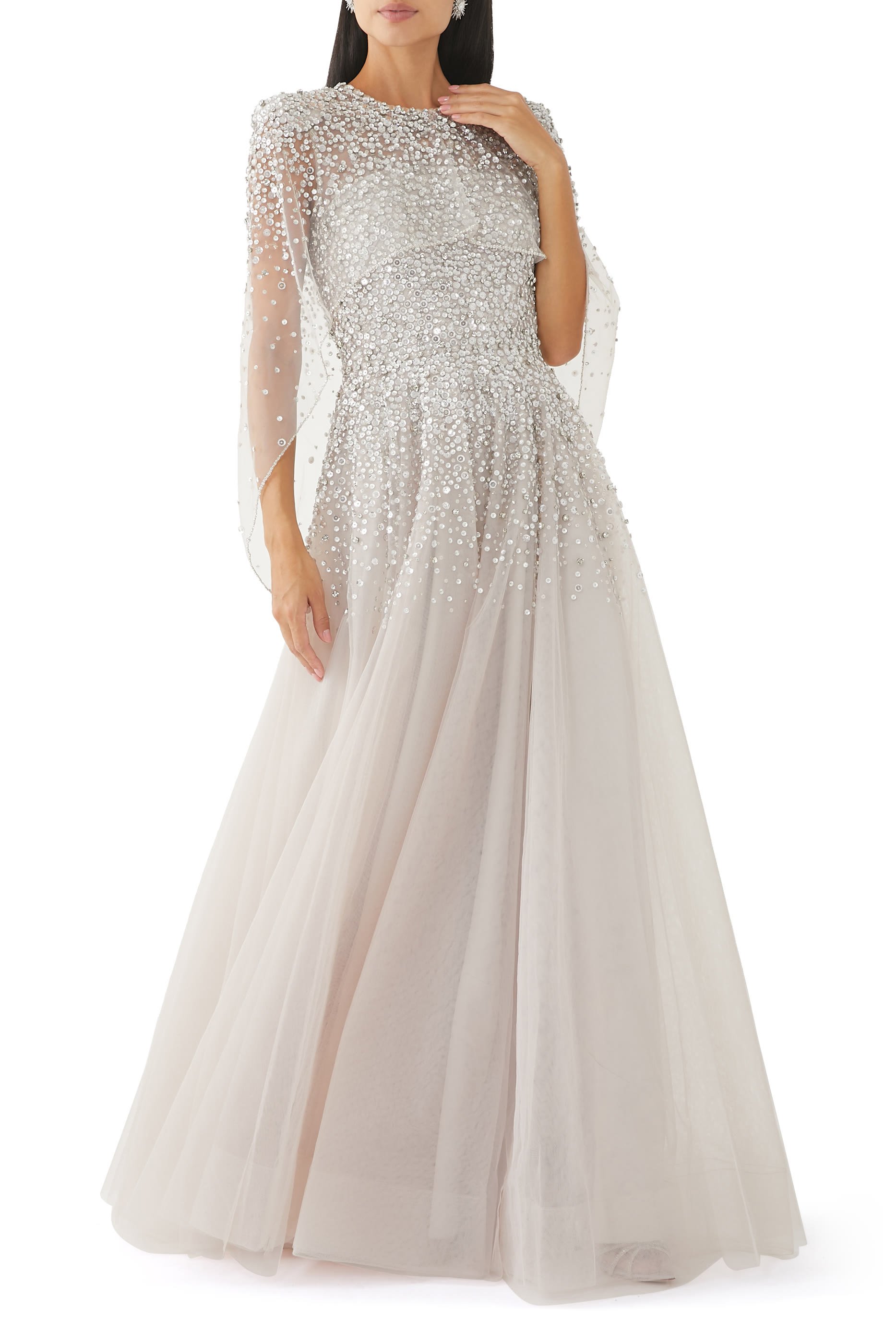 Osha Sequin-Embellished Cape Gown