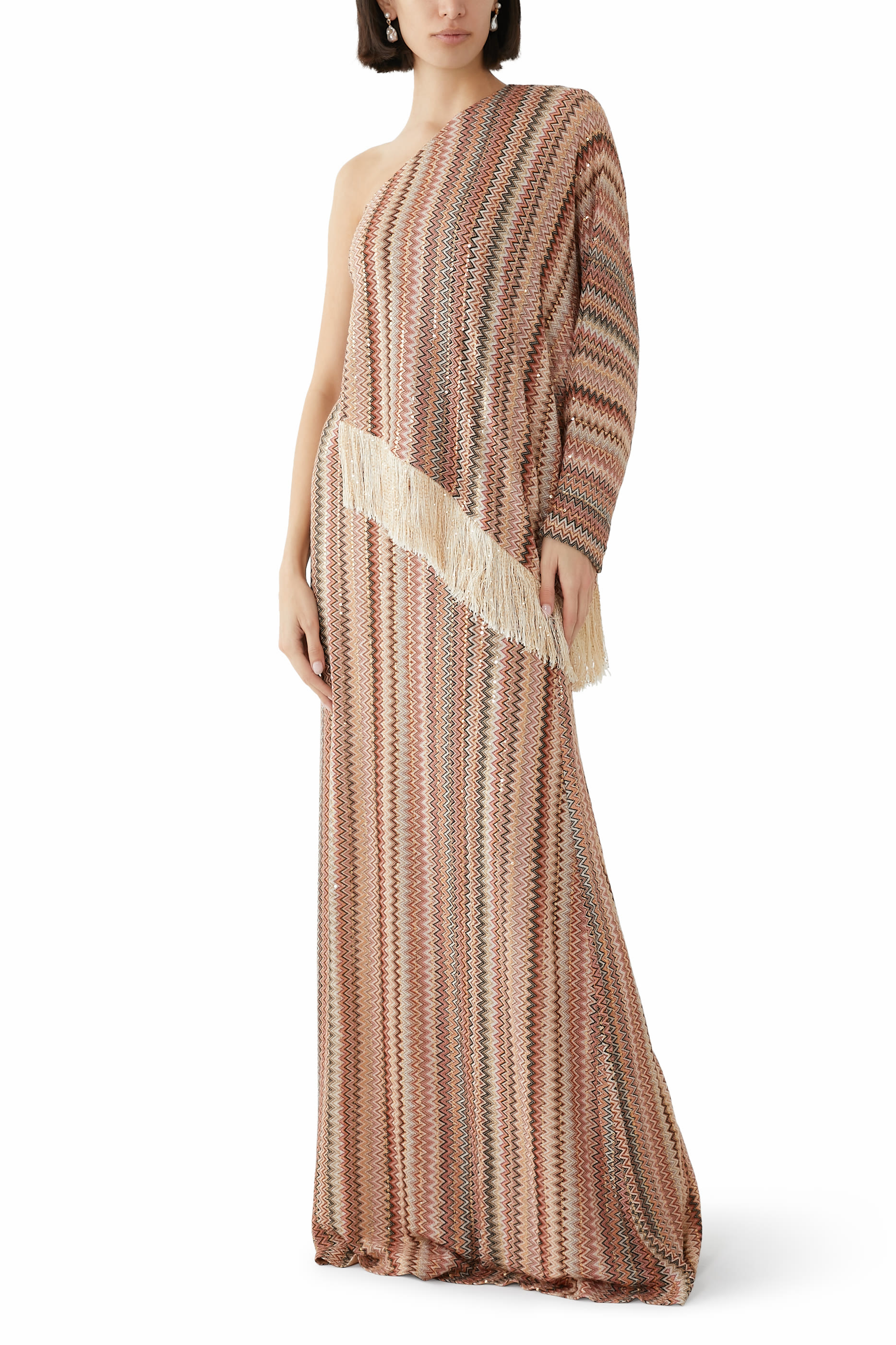 Exclusive Chevron Raschel Sequinned Flared Asymmetrical Maxi Dress