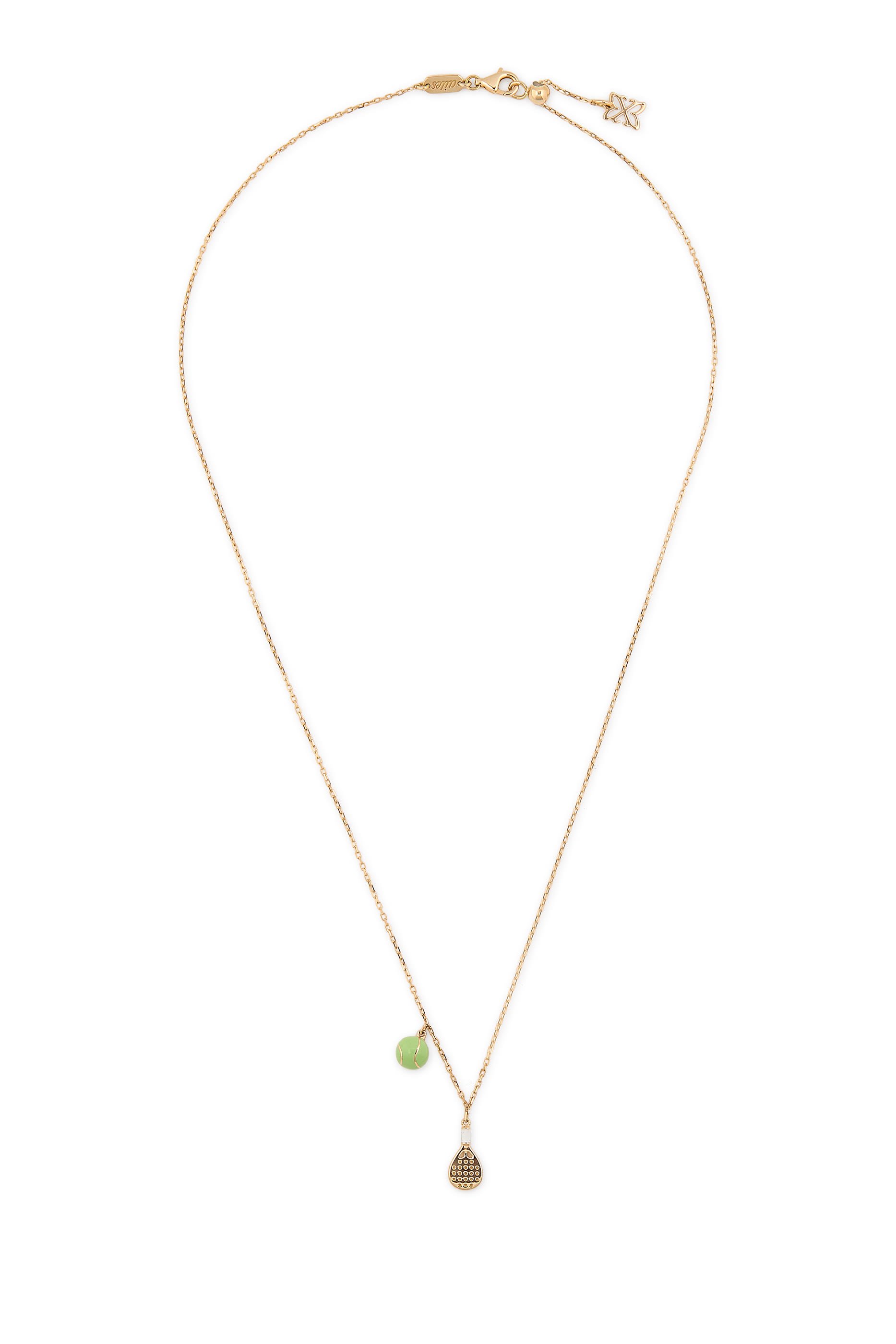 Padel and Ball Mini Necklace, 18K Yellow Gold & Enamel