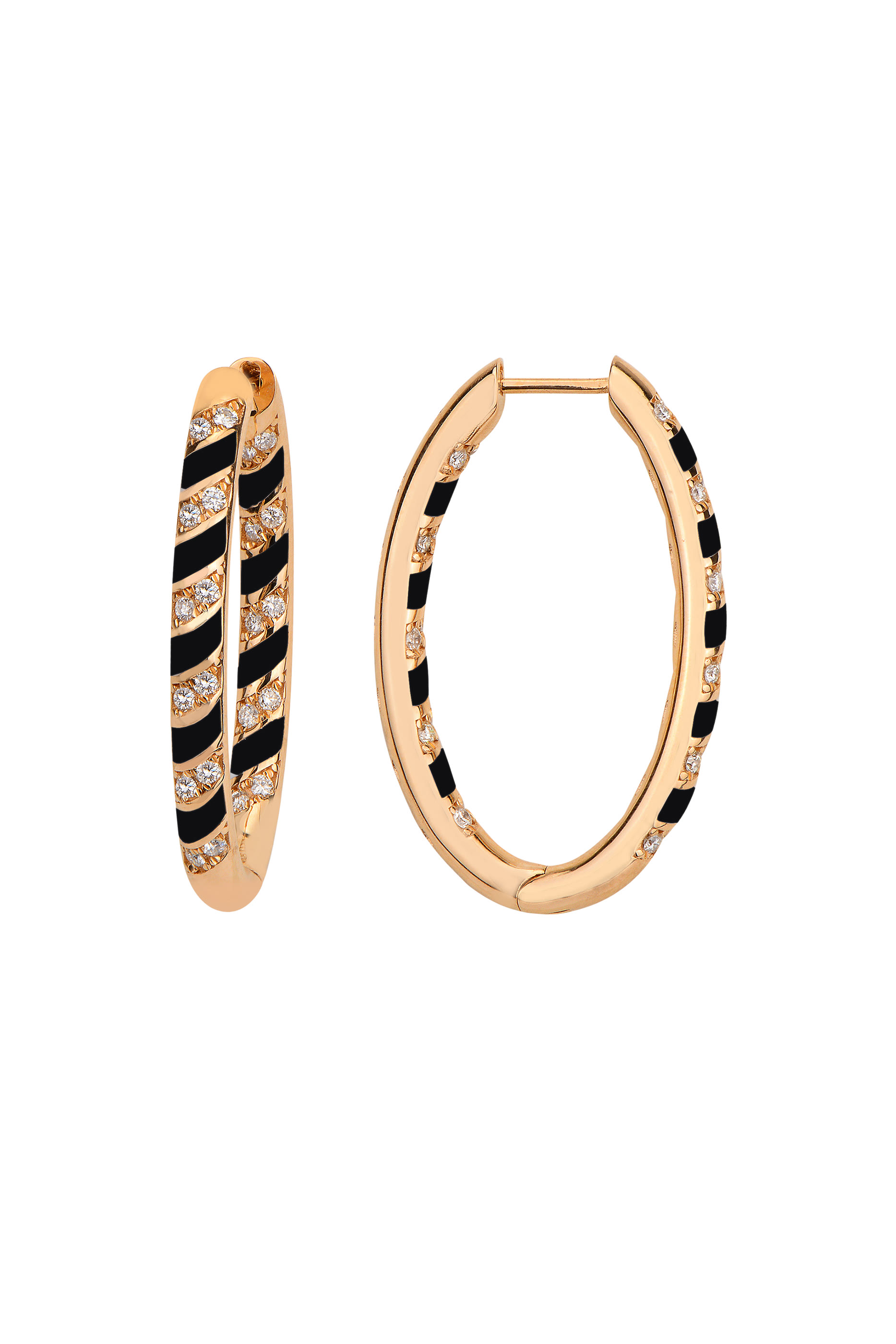 Tornado Hoop Earrings, 18k Pink Gold with Black Enamel and Diamonds