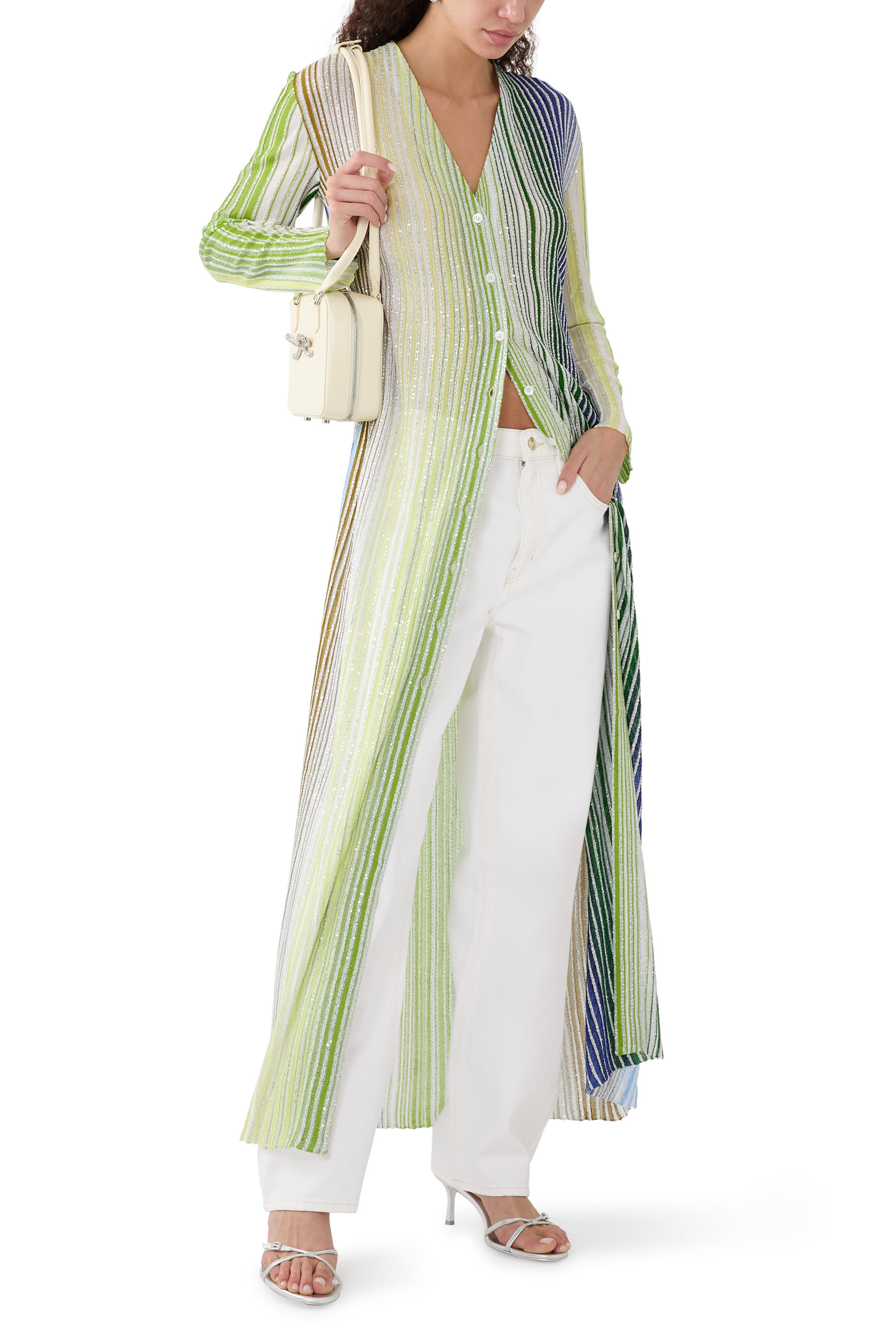 Partialized Knit Sequinned Buttoned Maxi Cardigan