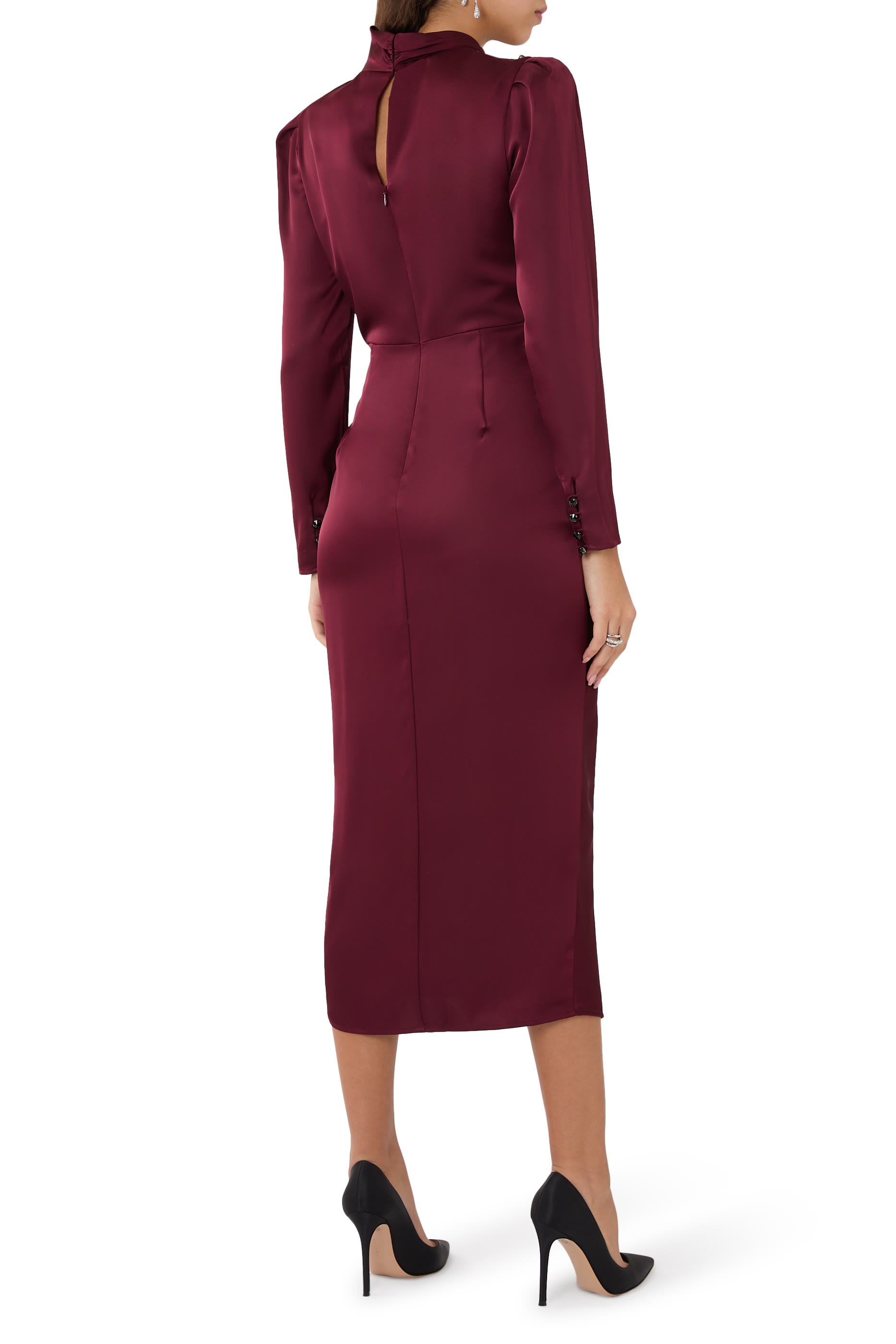 High-Neck Satin Midi Dress