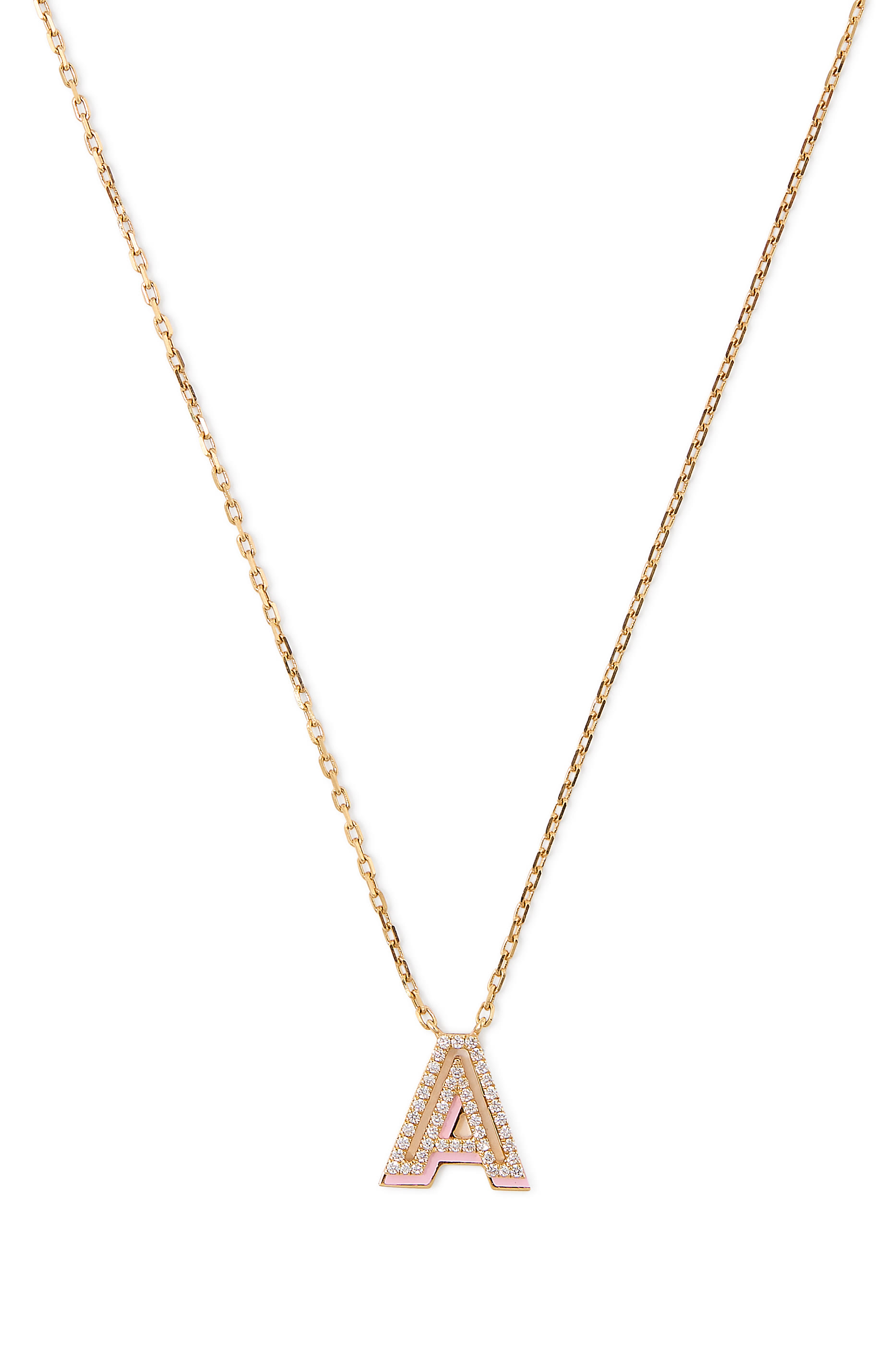 Letter &lsquo;A&rsquo; Mini Necklace, 18k Yellow Gold & Enamel, Diamonds
