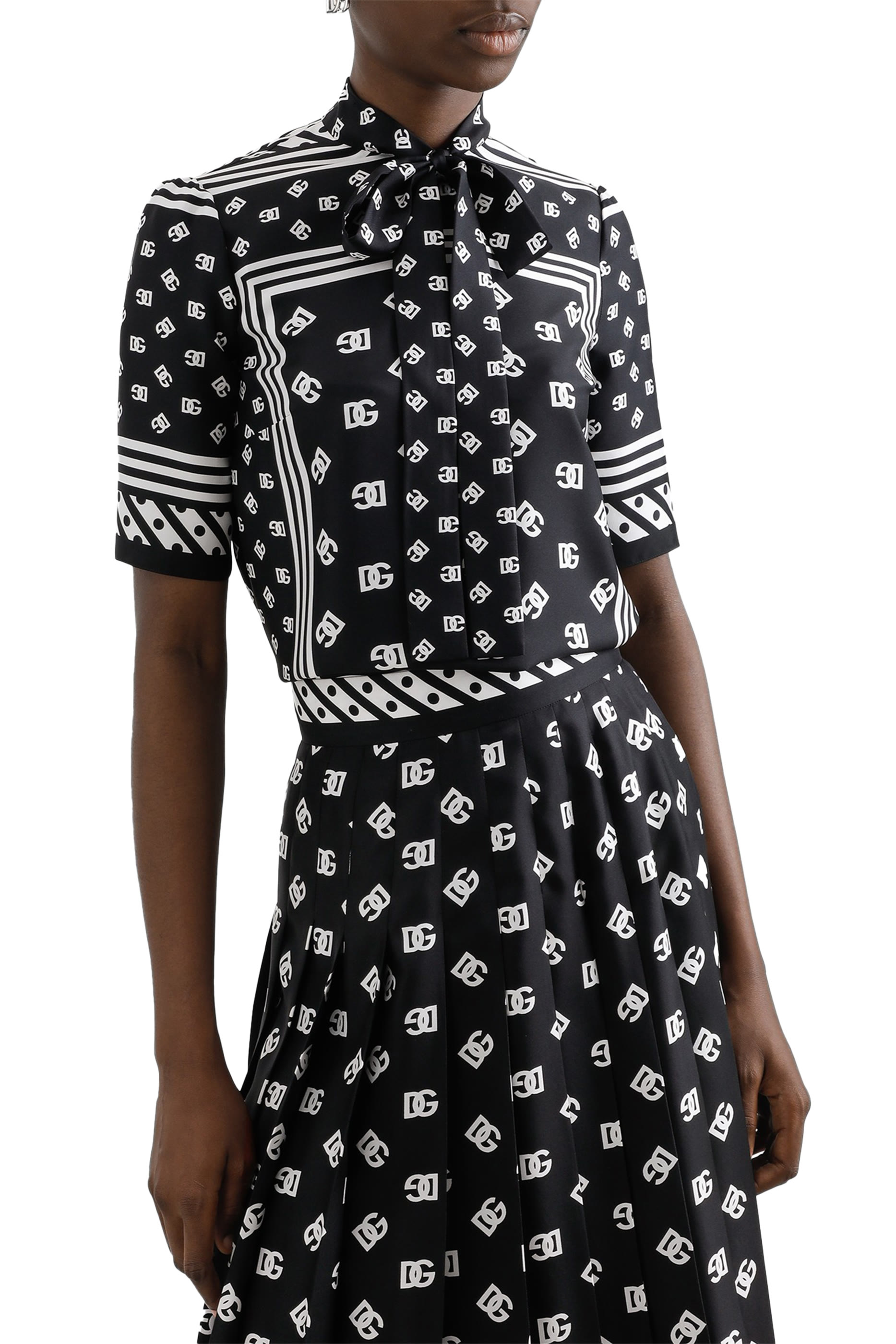 Short Sleeve Logo Silk Blouse