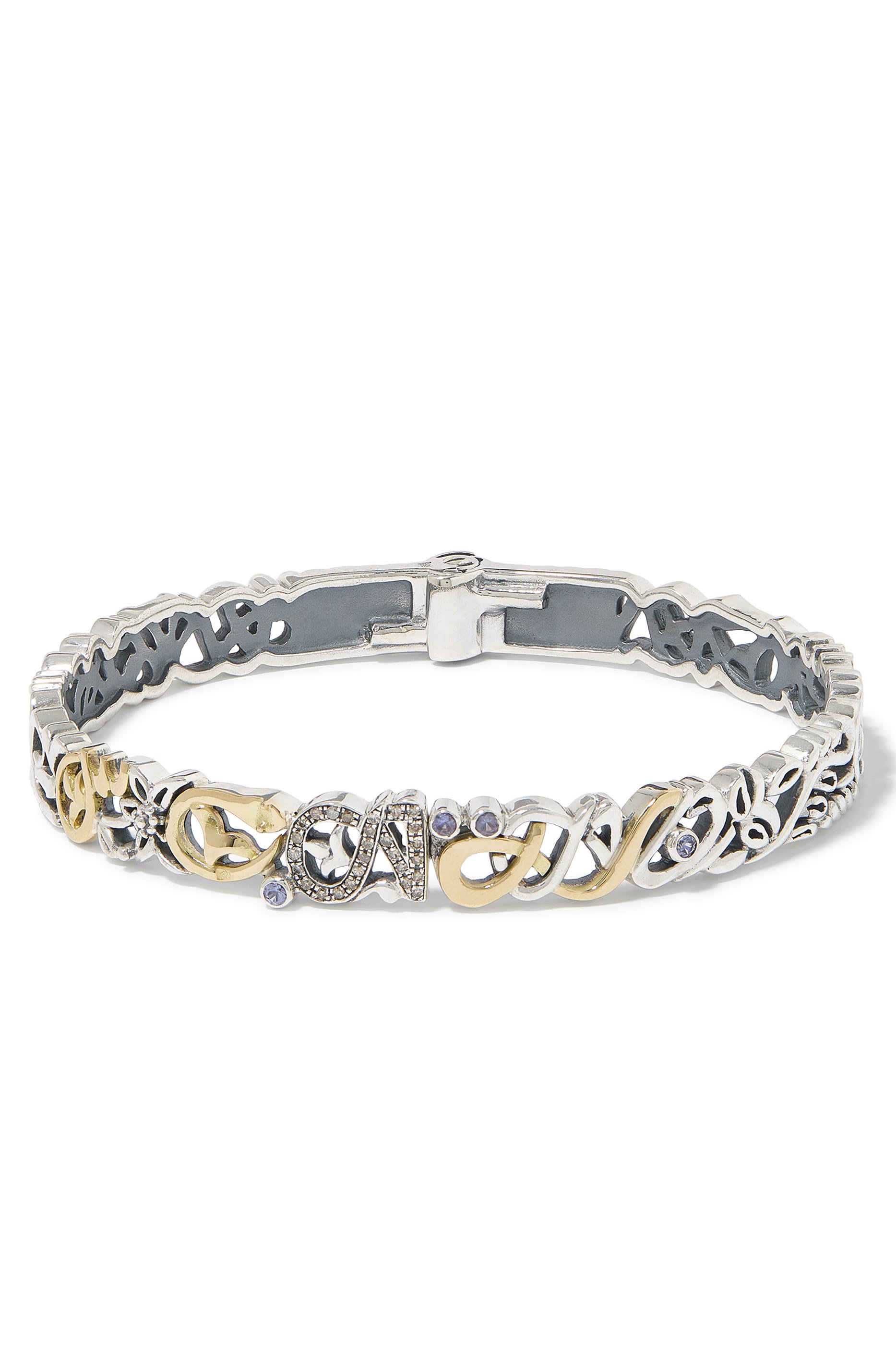 Tales of Calligraphy Bangle, 18k Gold with Sterling Silver & Champagne Diamonds