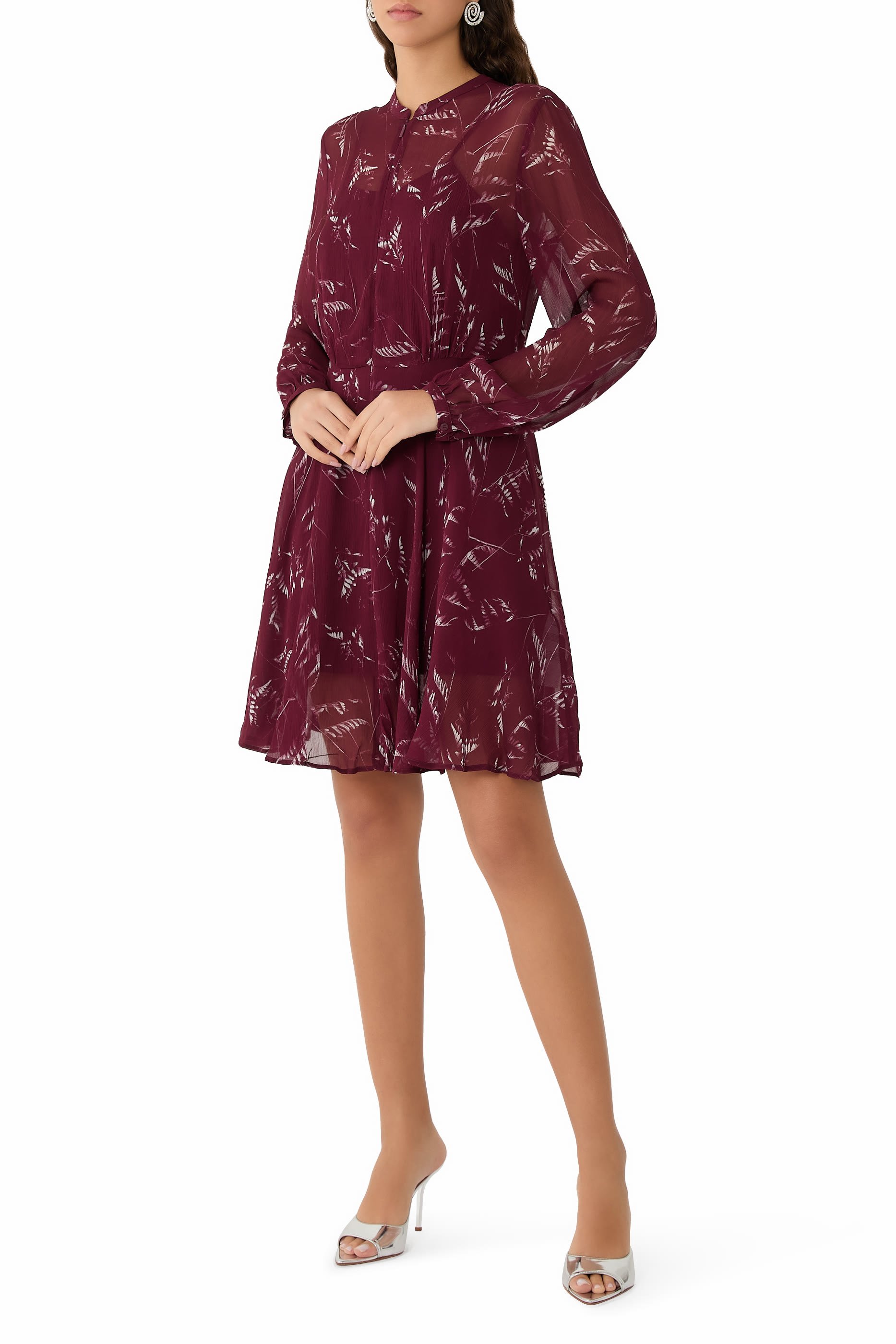 Foliage Print Chiffon Midi Dress