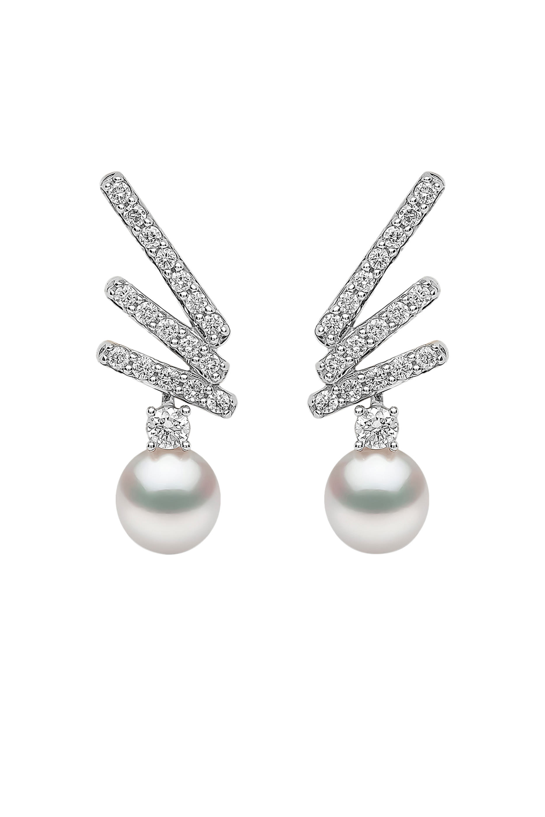 Sleek Zig-Zag Earrings, 18k White Gold with Akoya Pearls & Diamonds