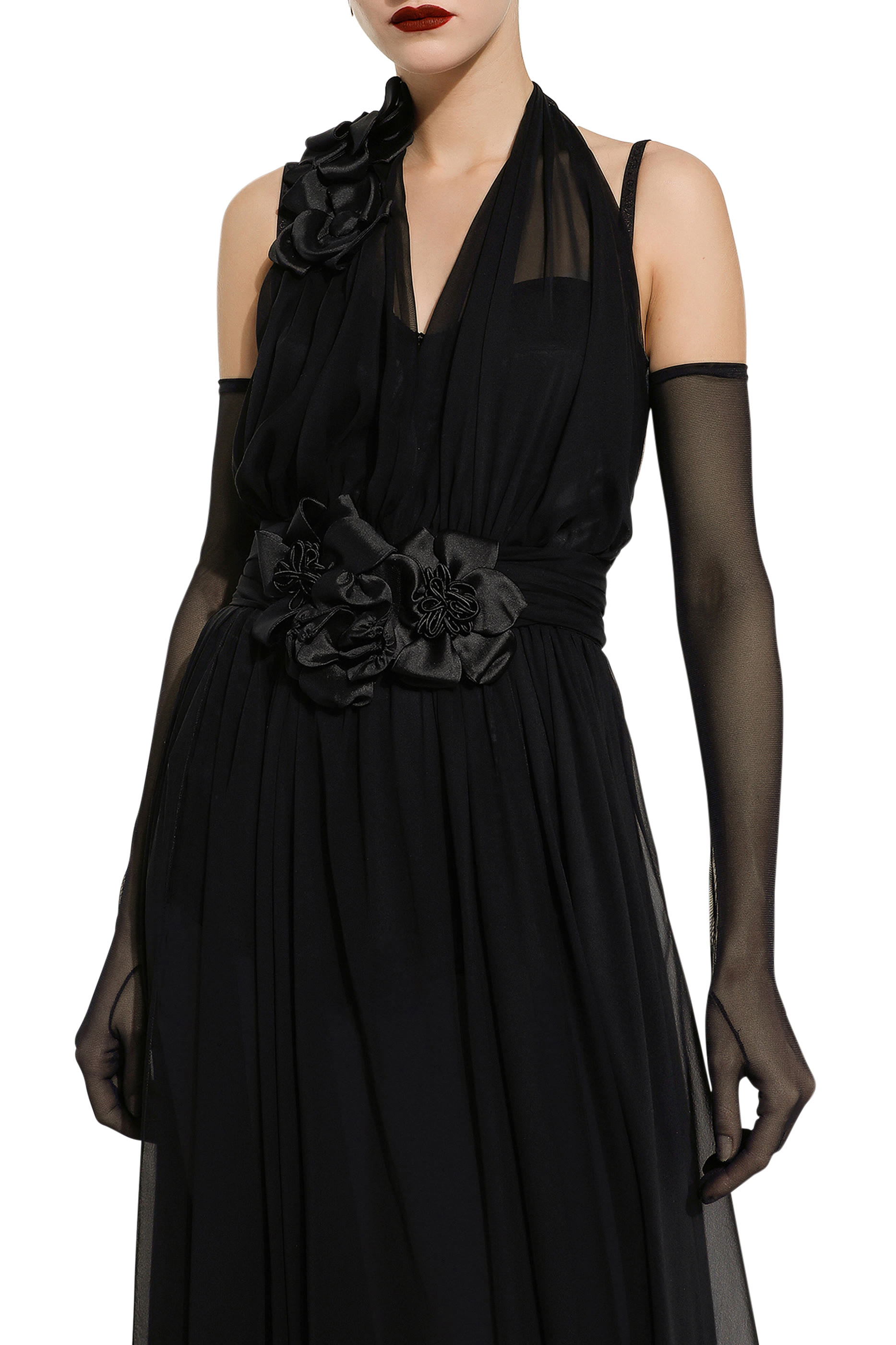 Silk Chiffon Dress with Floral Appliqu&eacute;