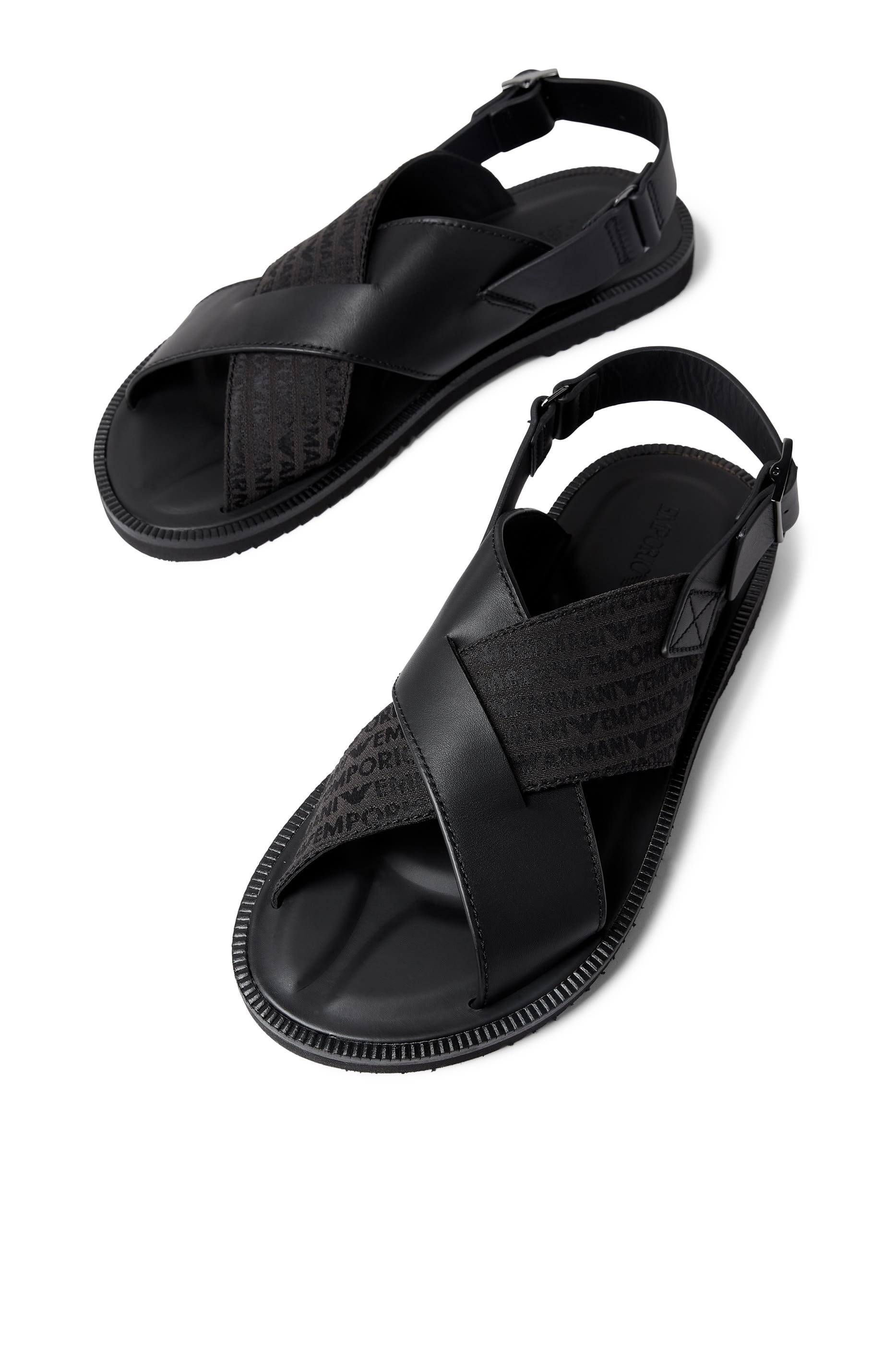 Cross-Strap Leather and Jacquard Fabric Sandals 