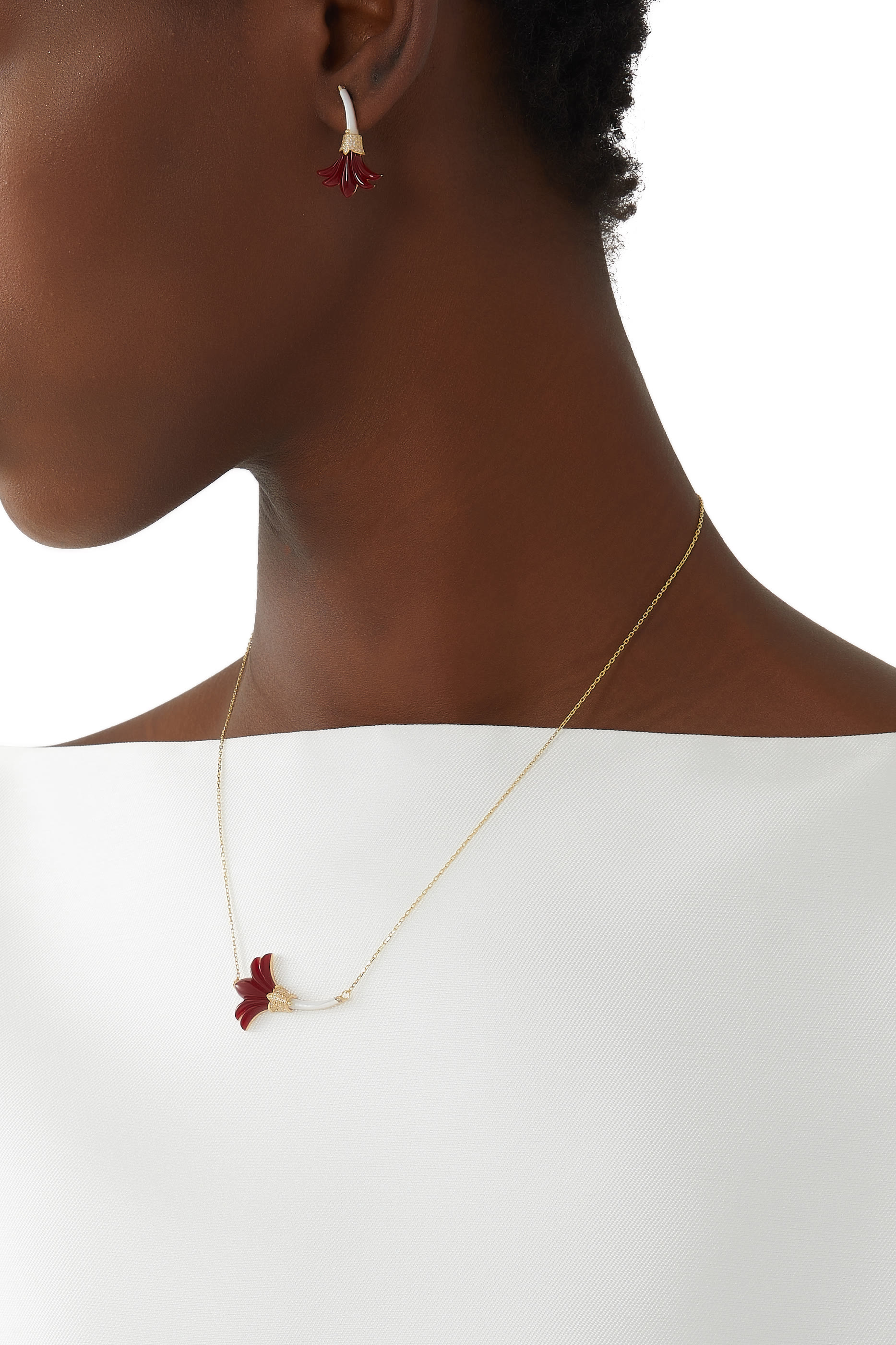 Small Flower Earrings, 18k Yellow Gold with Diamonds, Red Coral & Mother Of Pearl